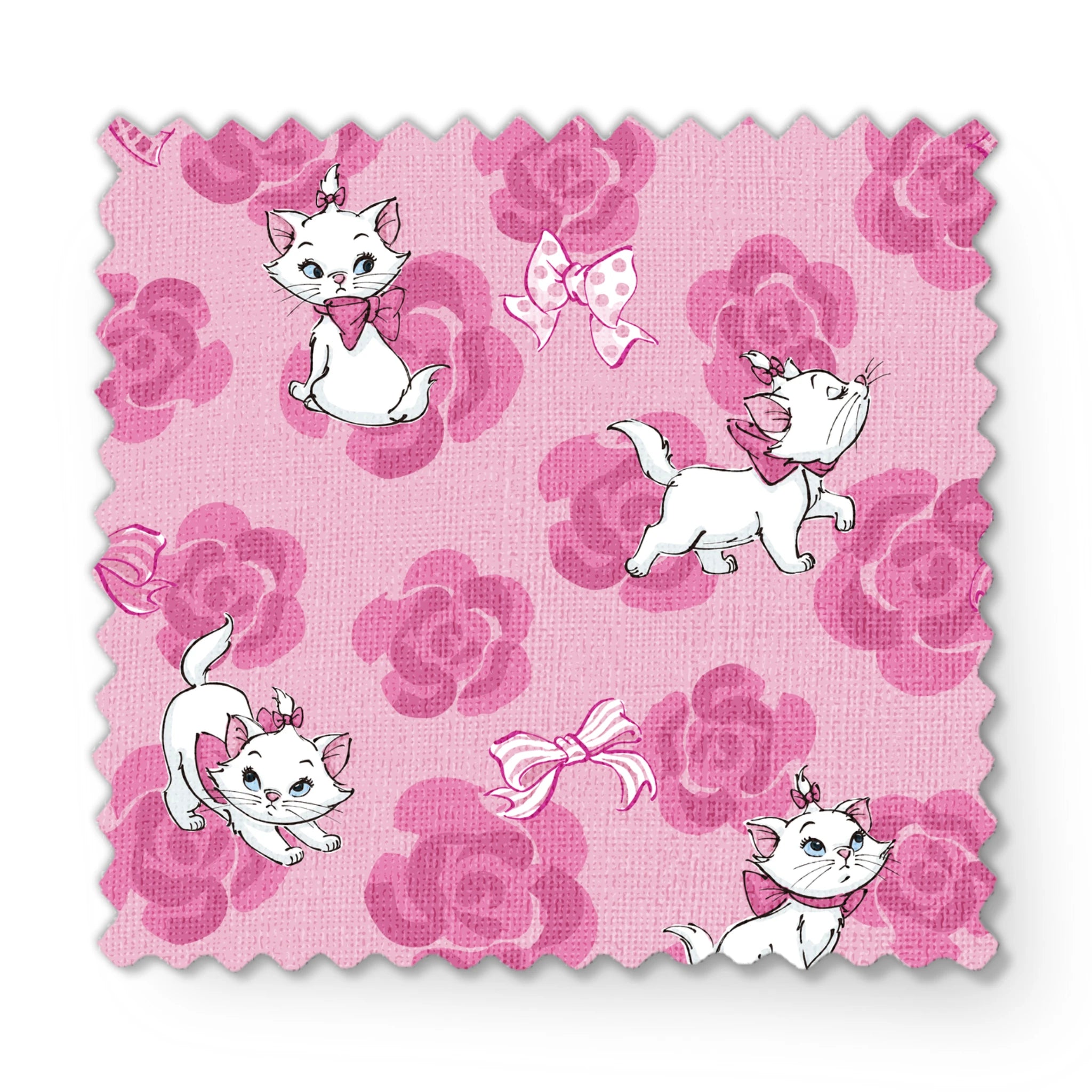 Marie from The Aristocats playing on pink rose pattern background fabric swatch mockup