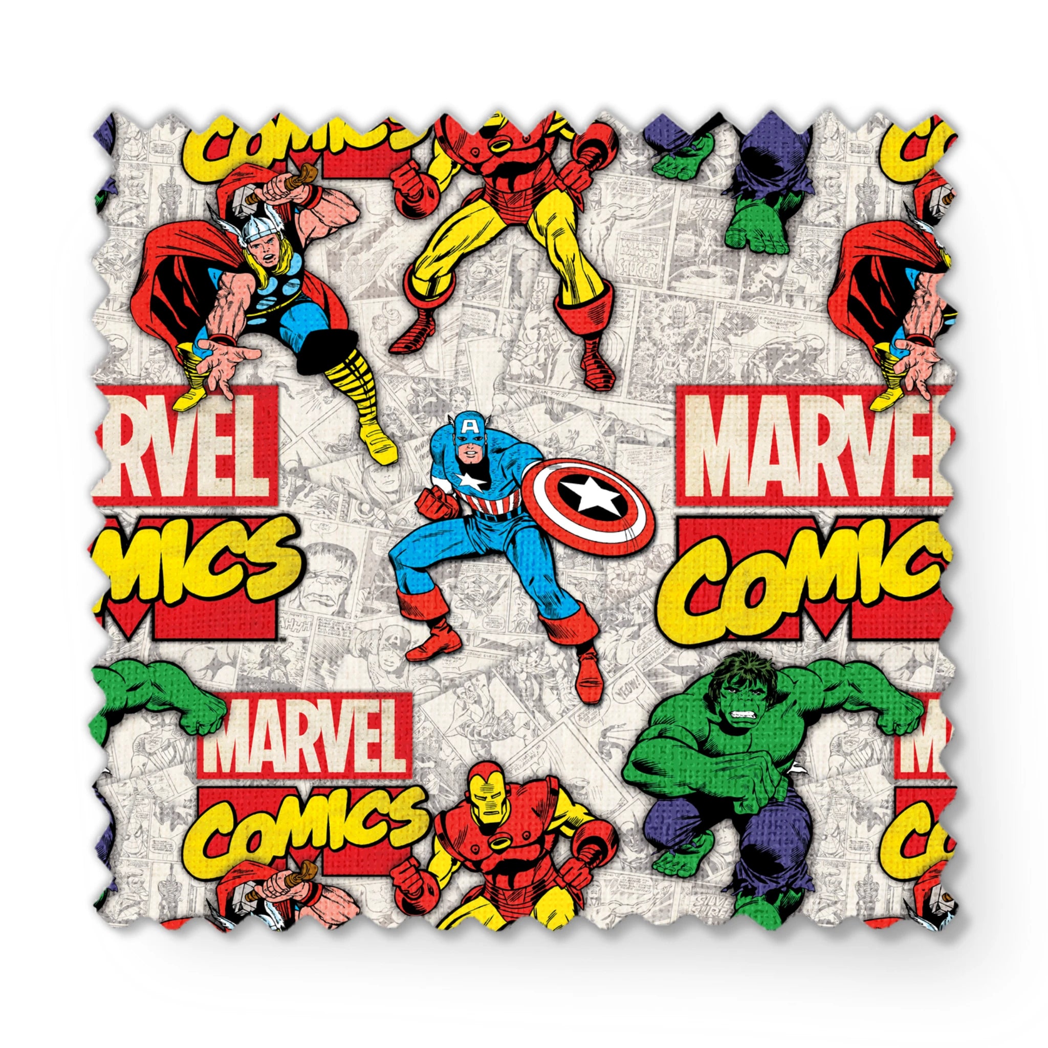 Marvel Comics collage pattern featuring iconic superheroes in action poses against comic book page background fabric swatch mockup
