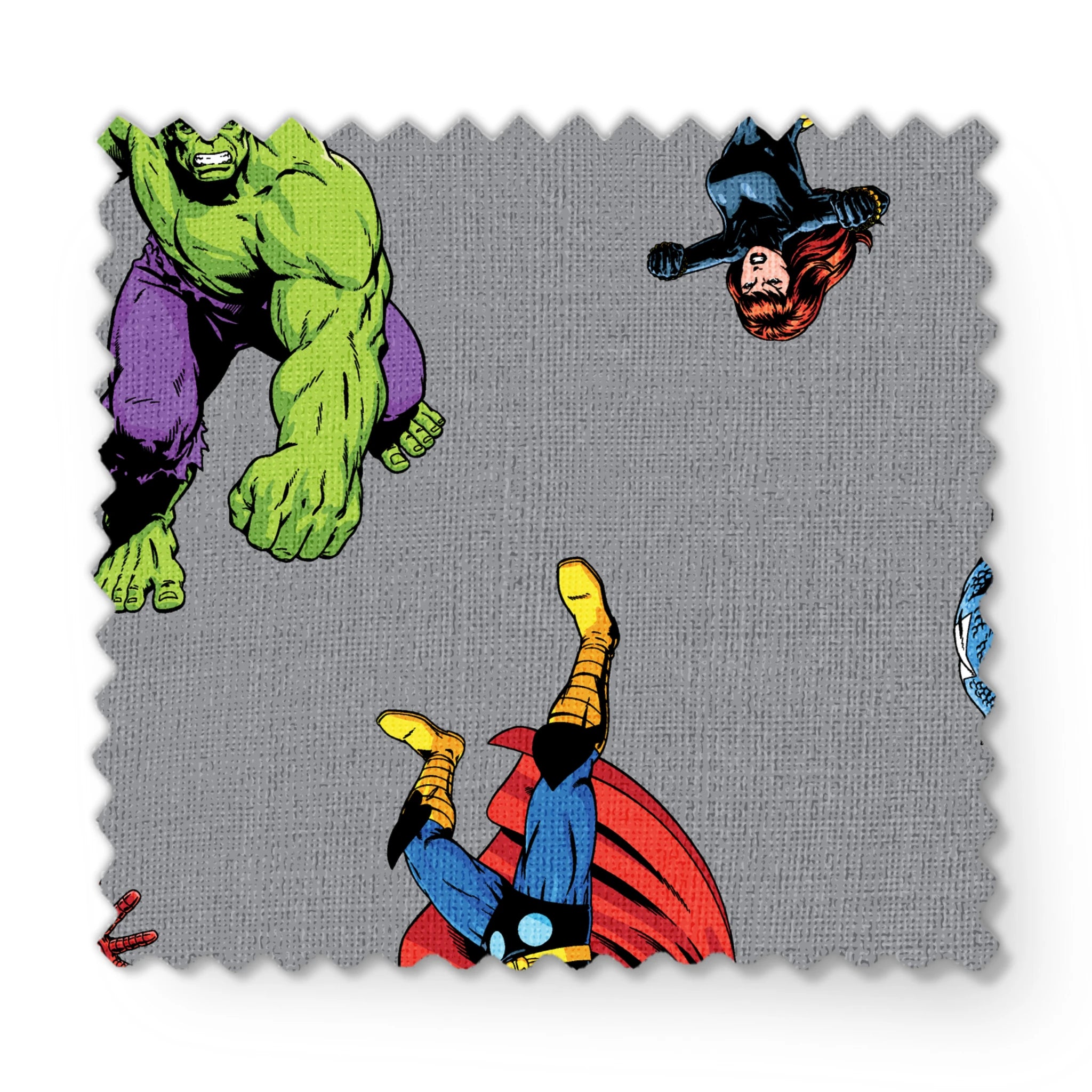 Marvel superheroes pattern with Hulk, Thor, Captain America, and Iron Man on gray background fabric swatch mockup