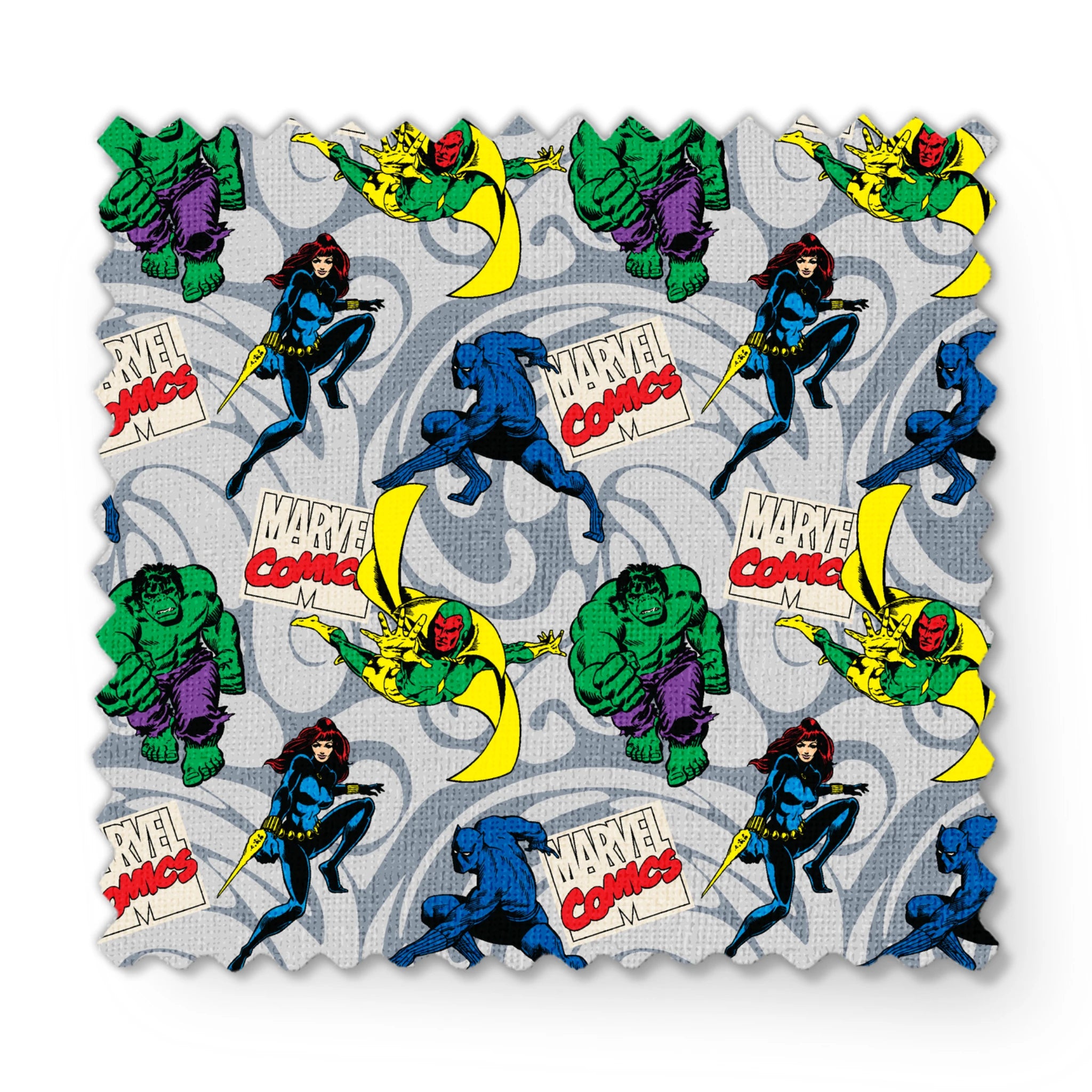 Marvel Comics characters including Hulk, Vision, and other superheroes on a gray background with Marvel Comics logos fabric swatch mockup