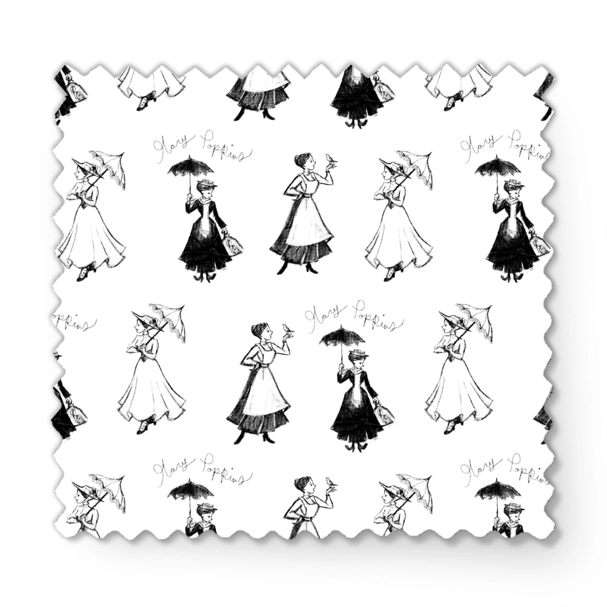 Sketchy illustration pattern of Mary Poppins, shown in various poses in black and white fabric swatch mockup