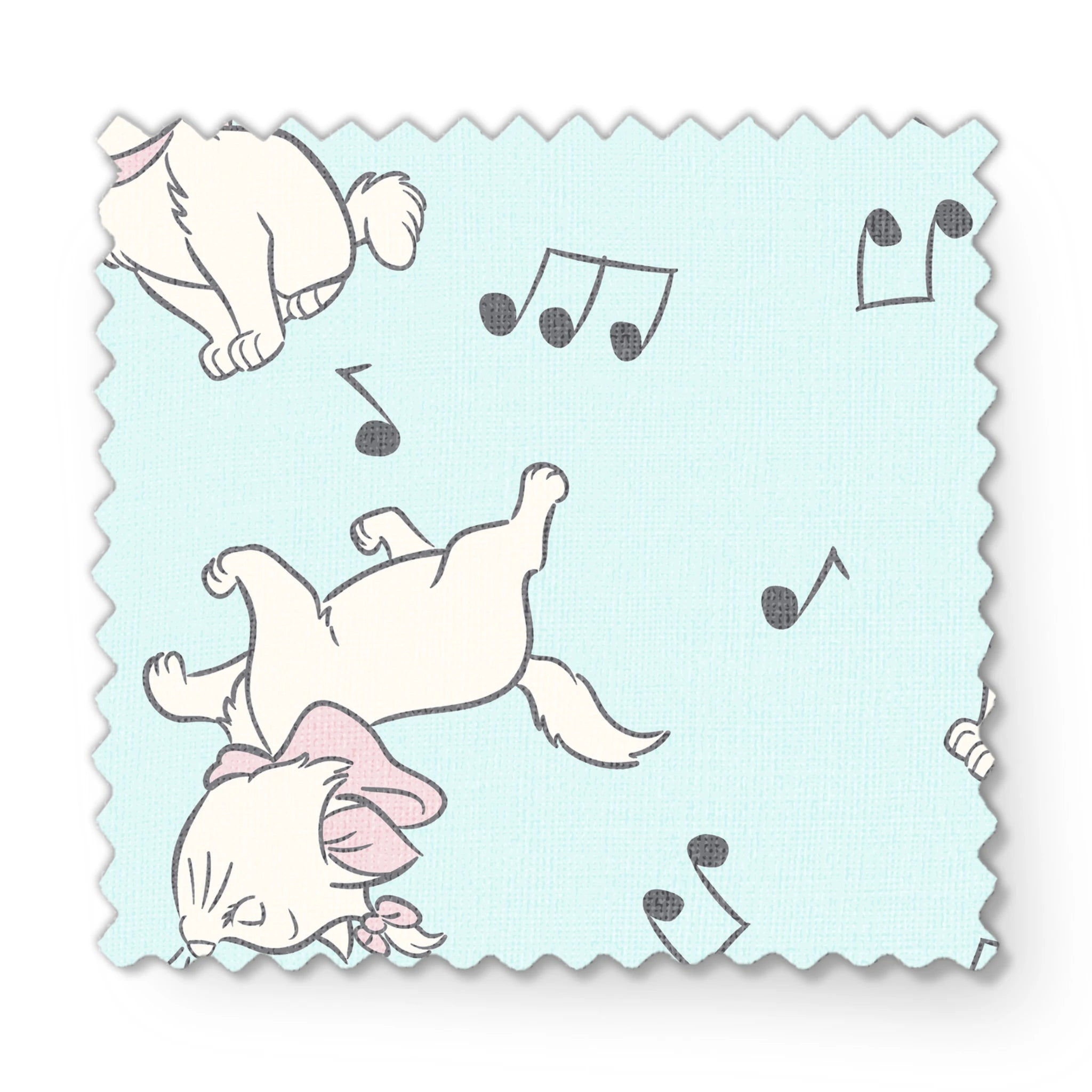 White kittens with pink bows playing among musical notes on a light mint background fabric swatch mockup