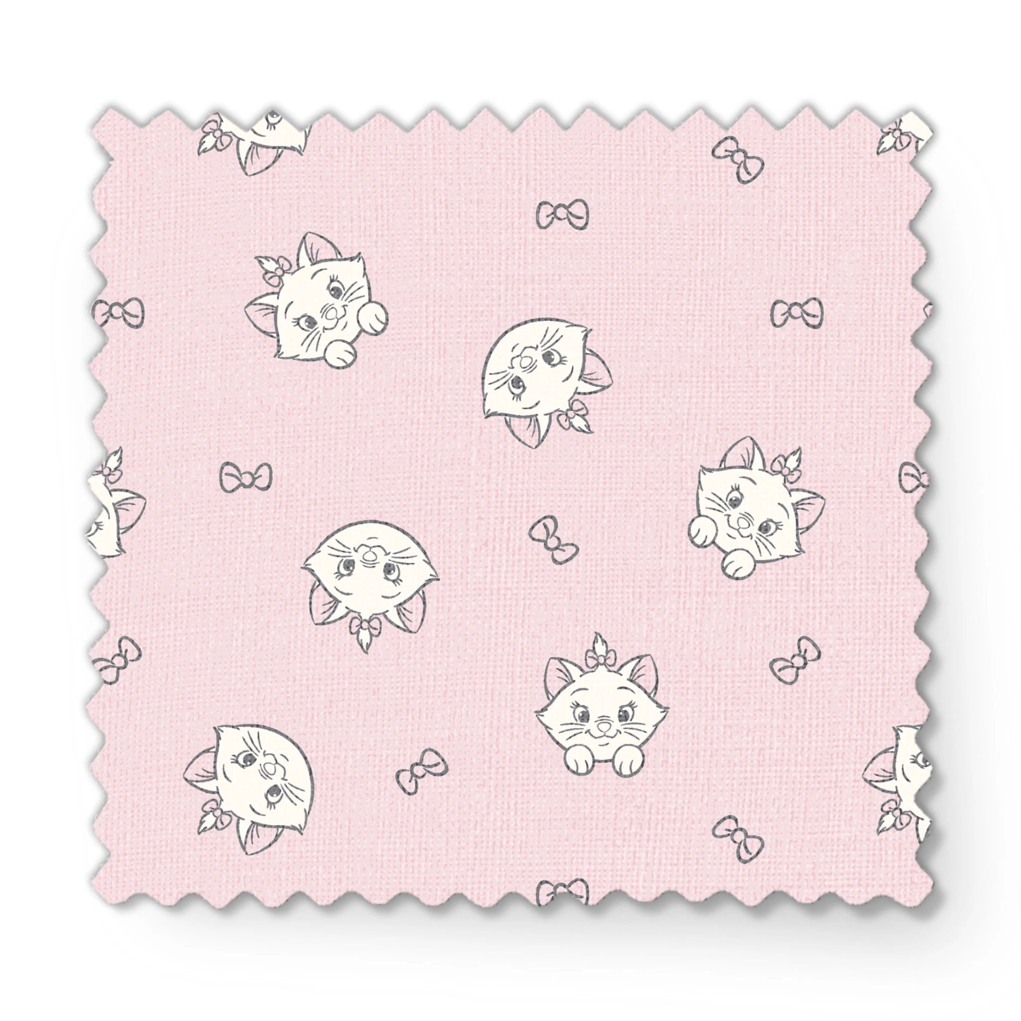 Cute cartoon cat faces with bows pattern on light pink background fabric swatch mockup