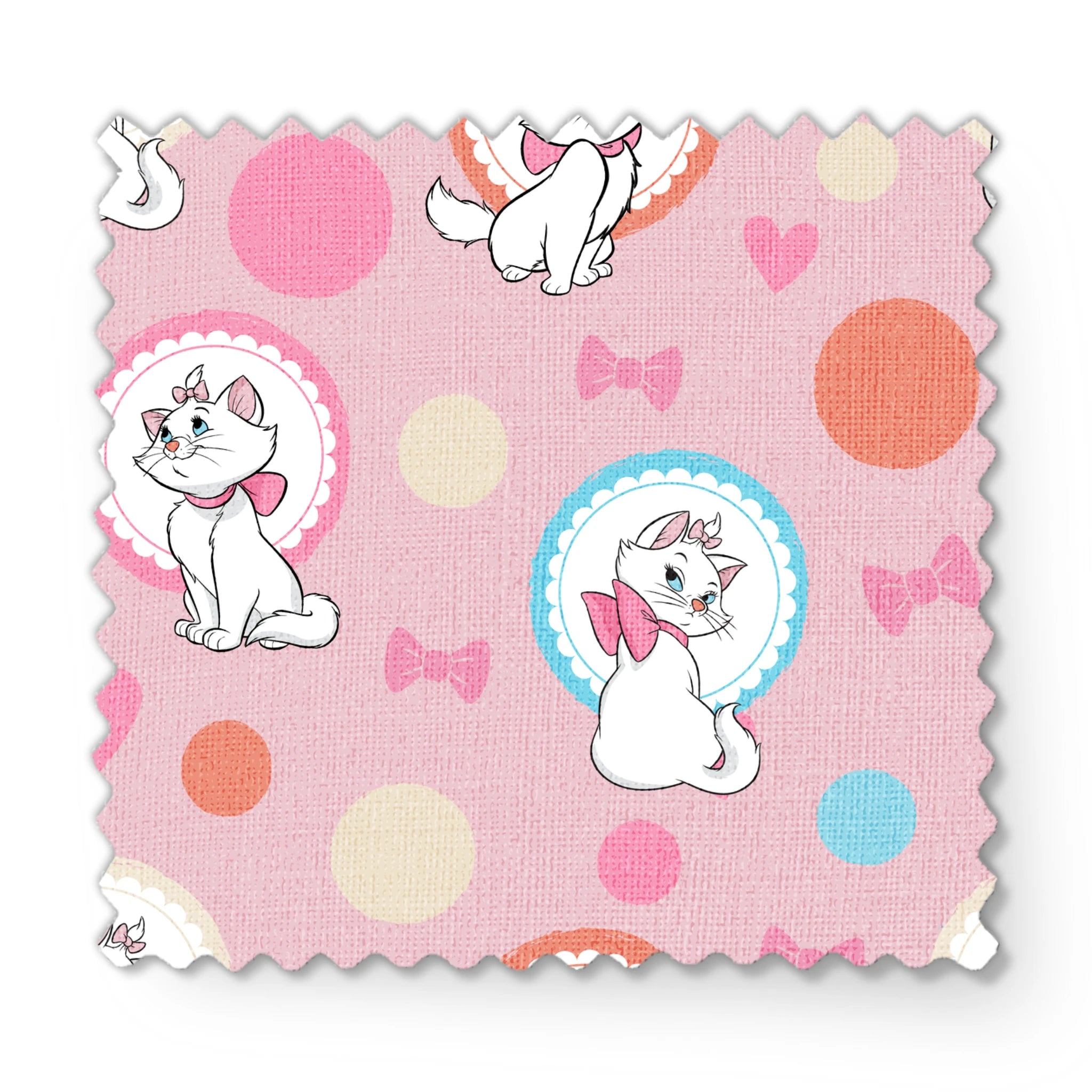 Marie from The Aristocats with pink bows in decorative circular frames on pink polka dot background with bow motifs fabric swatch mockup