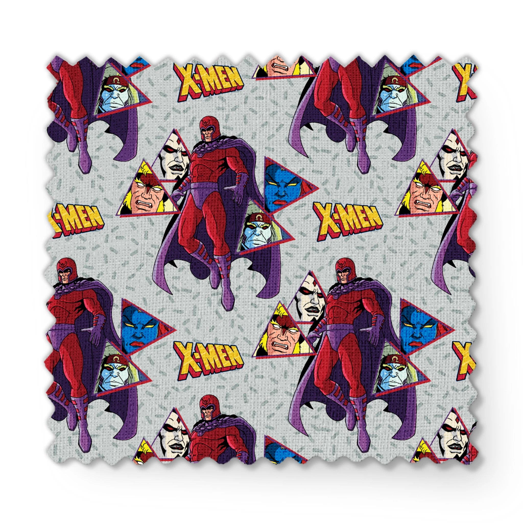 X-Men comic pattern with Magneto in purple and red costume against gray background with character portraits fabric swatch mockup