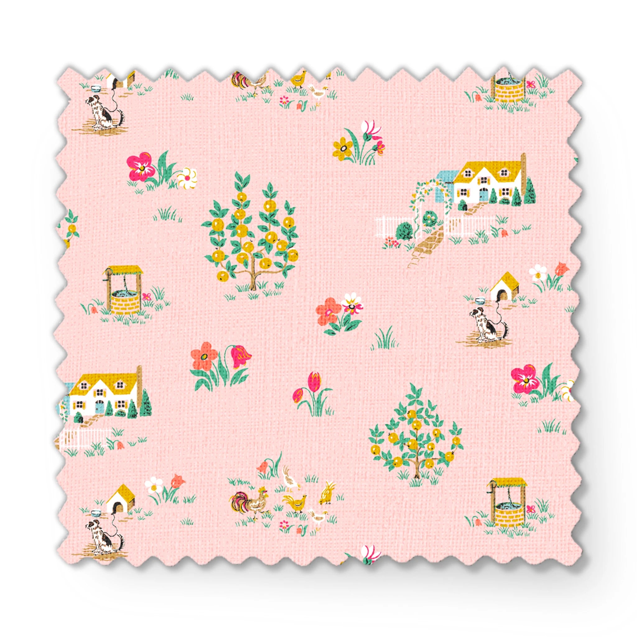 Whimsical pink pattern with cottages, flower bouquets, and garden scenes in yellow and coral fabric swatch mockup