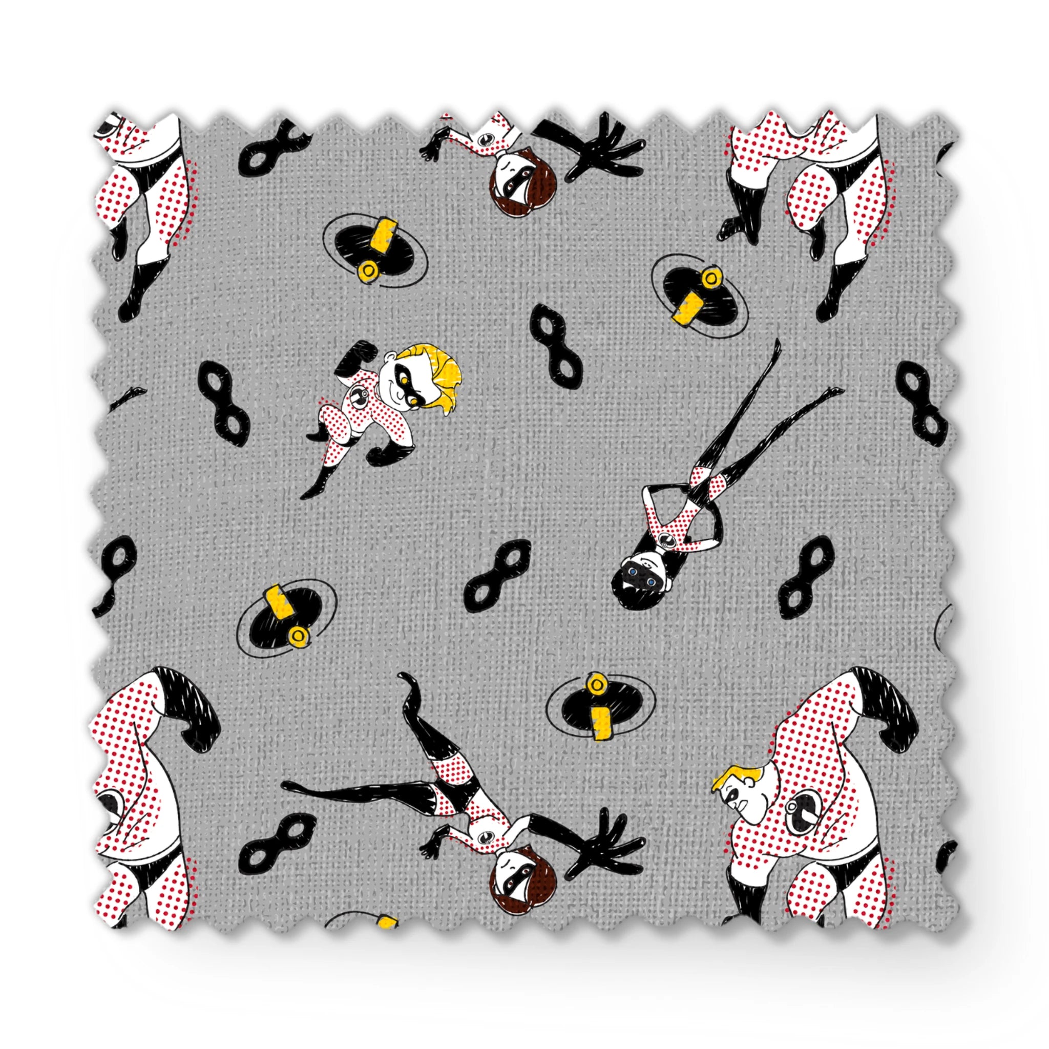 The Incredibles in black and white suits with yellow emblems scattered on gray background with masks fabric swatch mockup