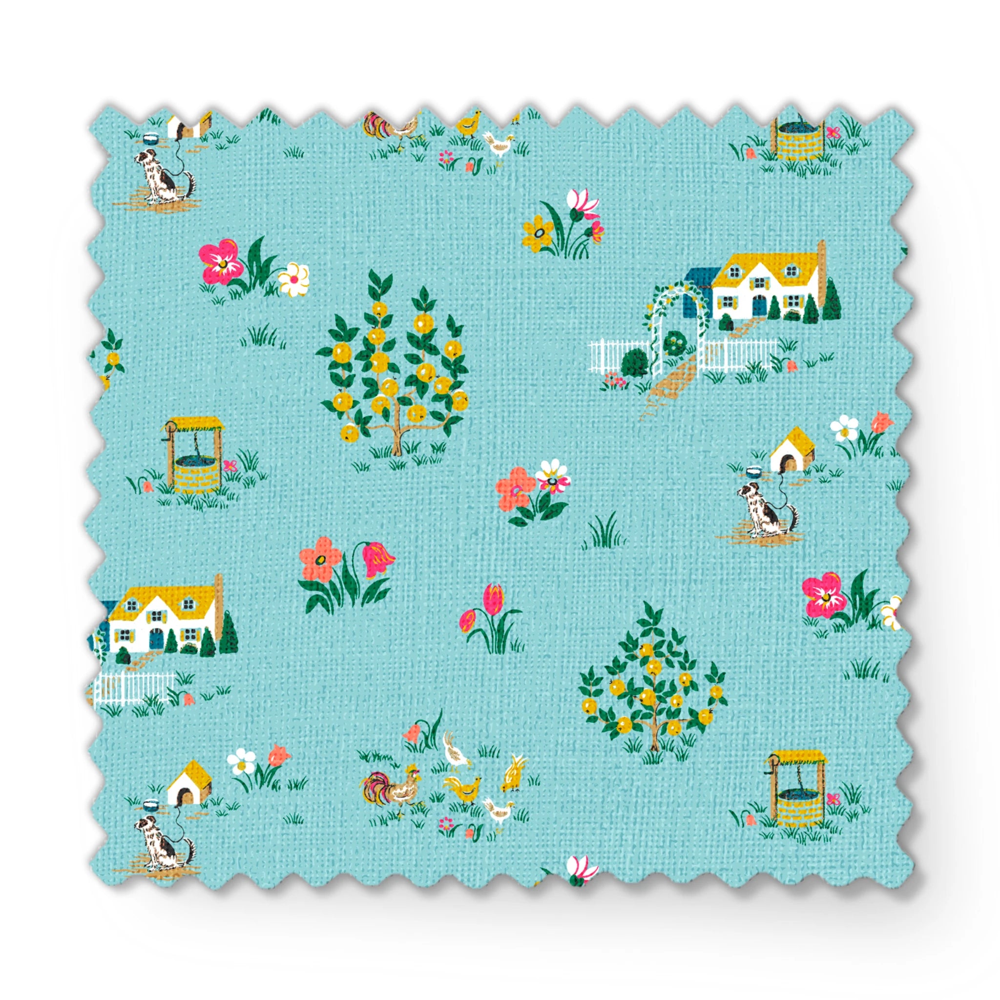 Whimsical light blue pattern with tiny cottages, tulips, and flower gardens in pastel colors fabric swatch mockup