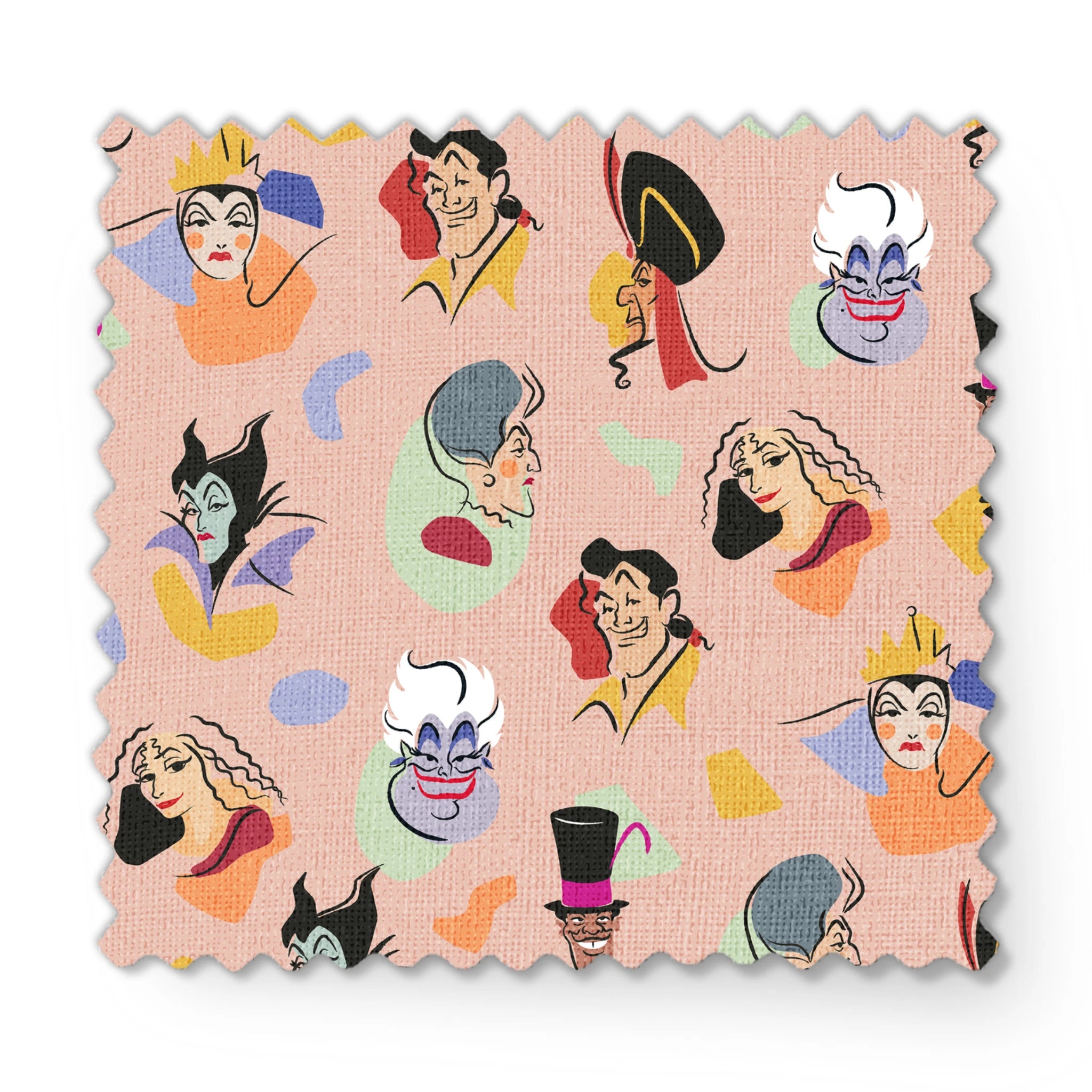 Colorful pattern of Disney villains including Evil Queen, Gaston, Jafar, Ursula, and Maleficent on pink background fabric swatch mockup