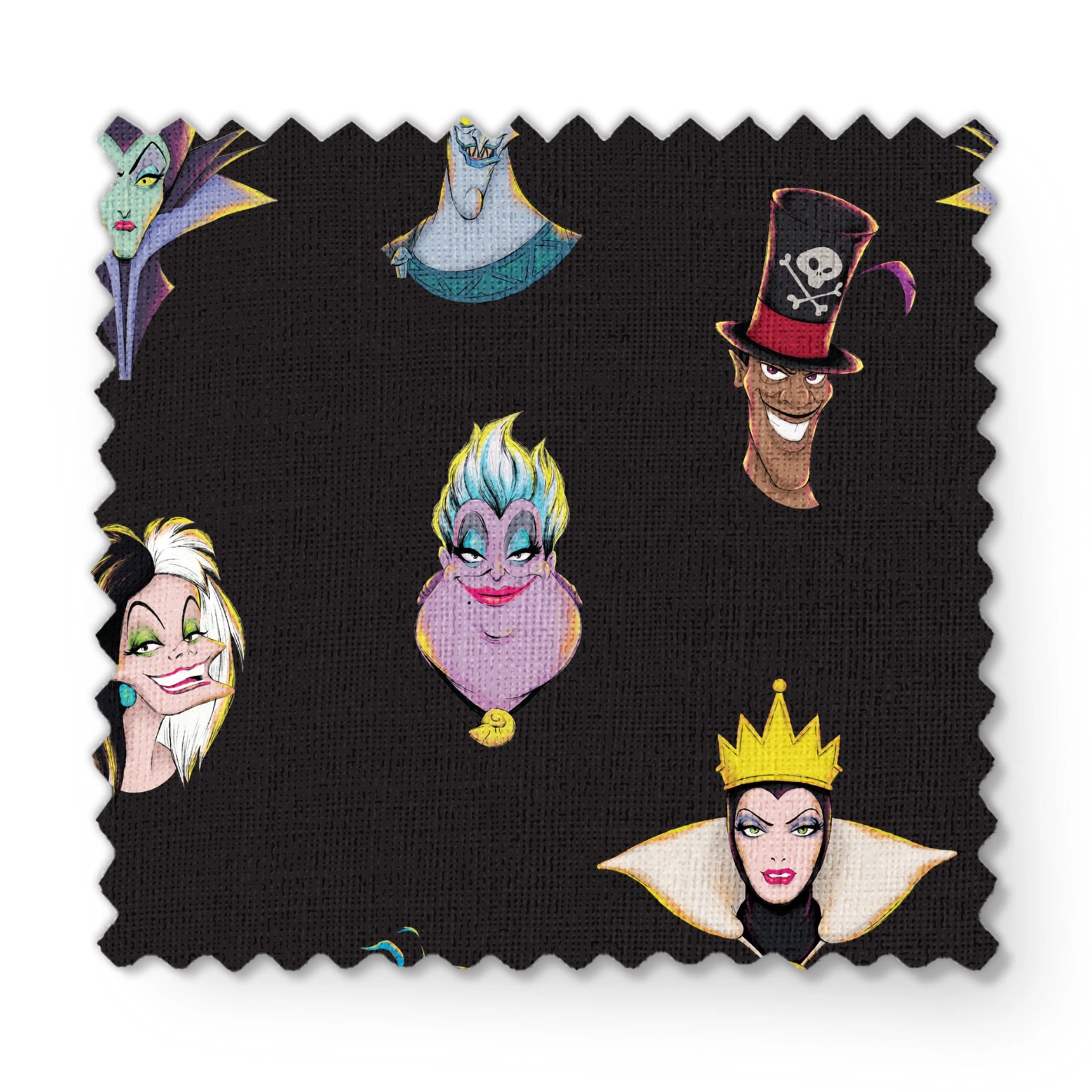 Illustrated Disney villain heads on black background including sea witch, evil queen, and others fabric swatch mockup