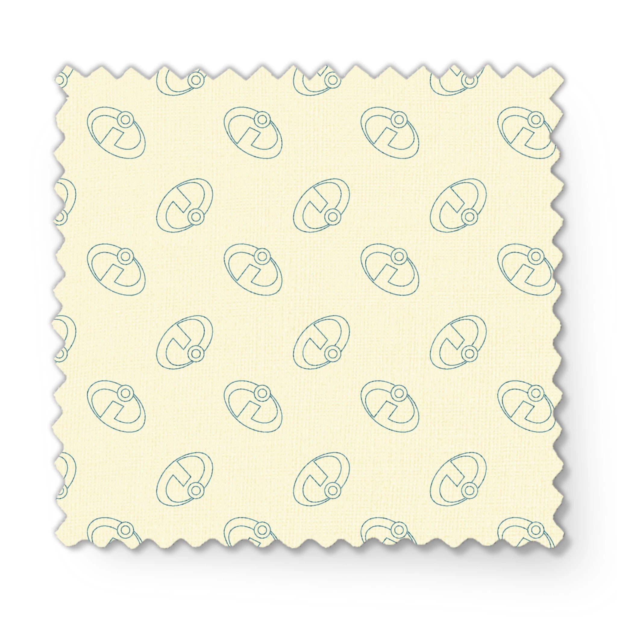 The Incredibles logo forming a repeating pattern on a pale yellow background fabric swatch mockup