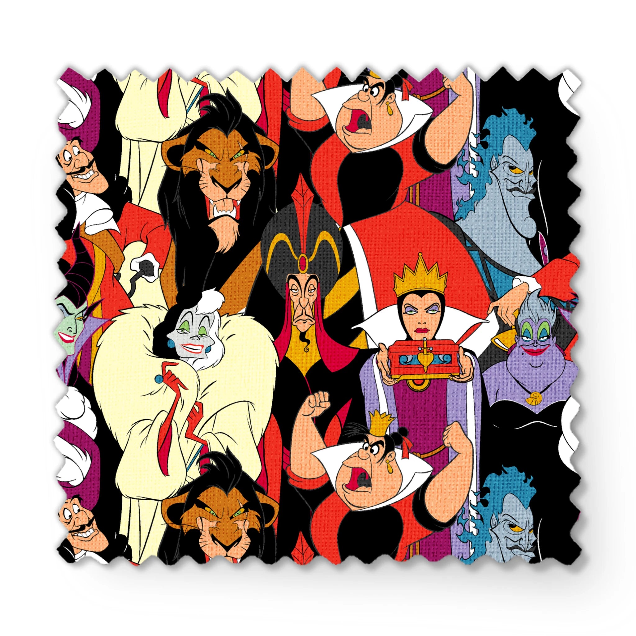 Disney villains collage featuring colorful animated characters with distinct evil expressions and iconic costumes. fabric swatch mockup