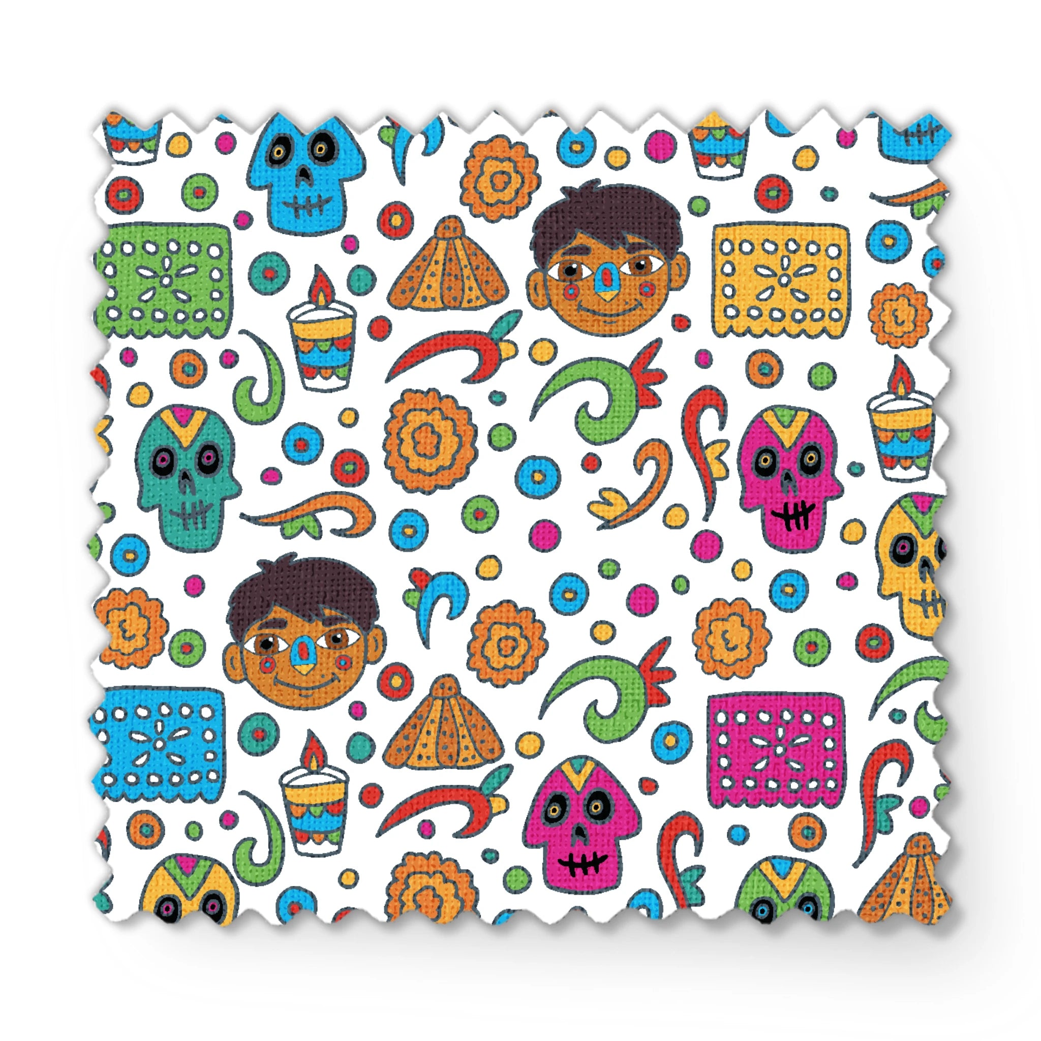 Colorful Coco pattern with sugar skulls, pyramids, swirls, flowers, and cartoon characters on white background fabric swatch mockup