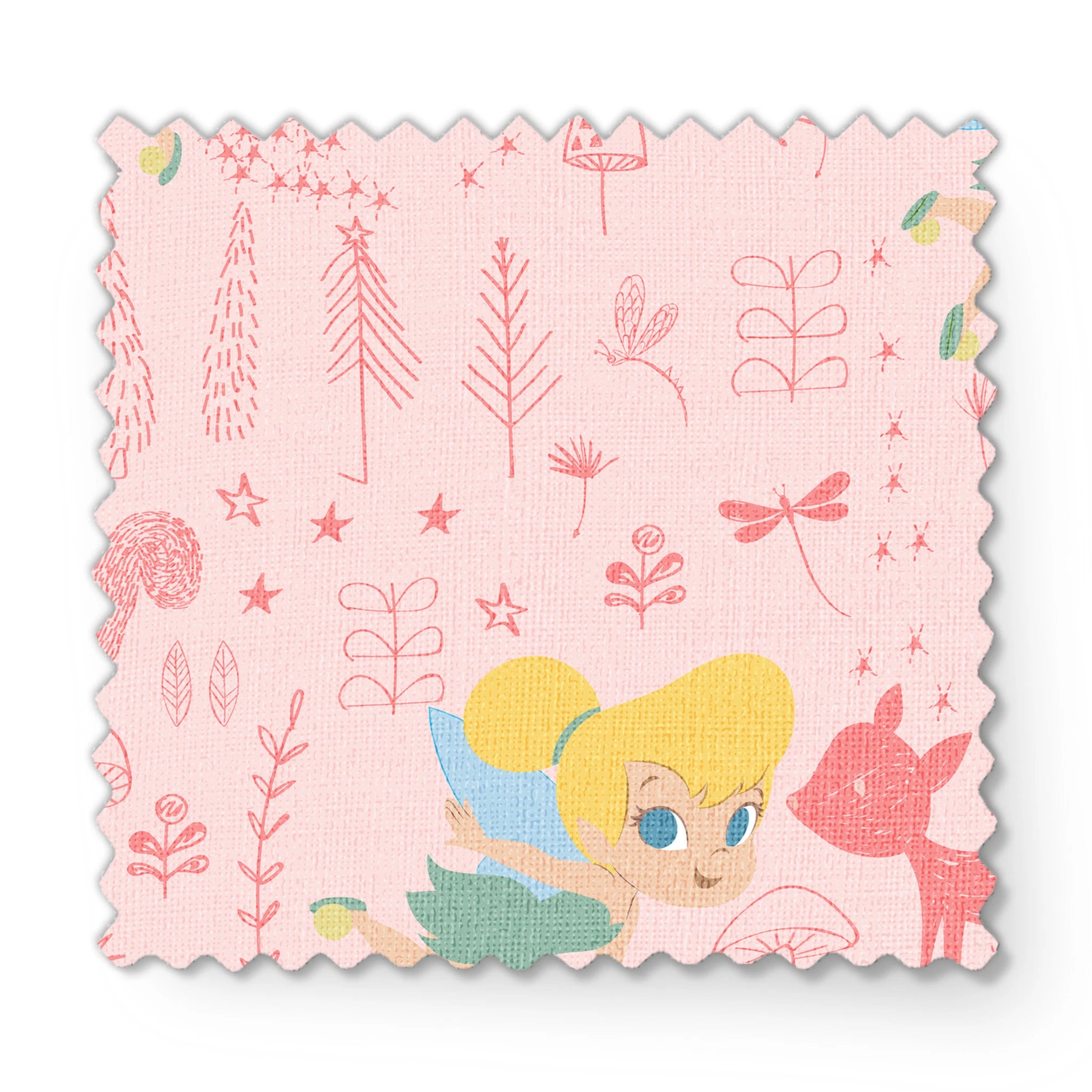 Pink whimsical pattern with cartoon fairy characters, forest animals, mushrooms, and plants in pastel colors fabric swatch mockup