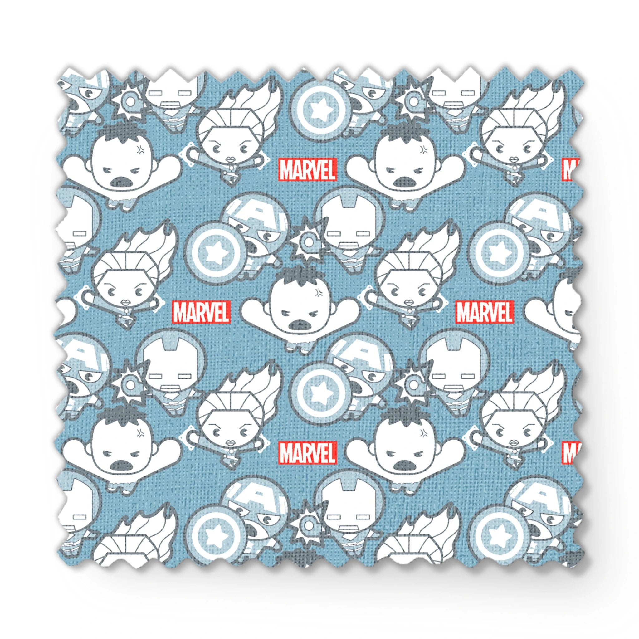 Marvel kawaii superhero pattern with cartoon characters, shields, and gear symbols on blue background fabric swatch mockup