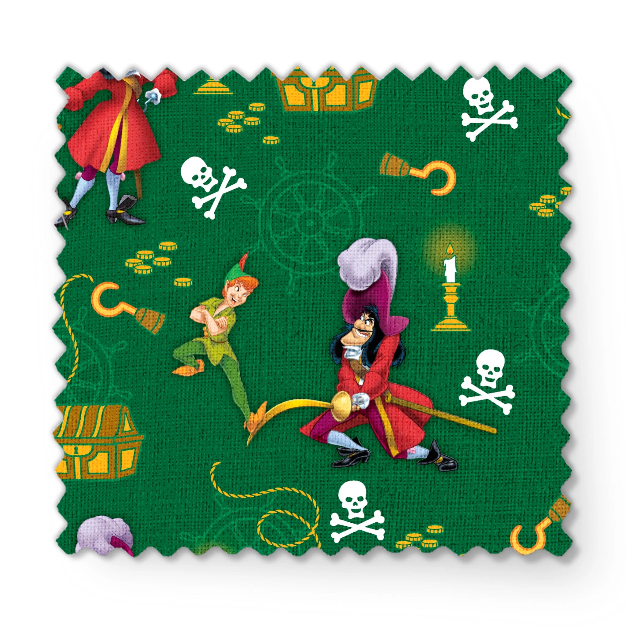 Peter Pan-themed pattern with Captain Hook, treasure chests, skulls, and golden hooks on green background. fabric swatch mockup