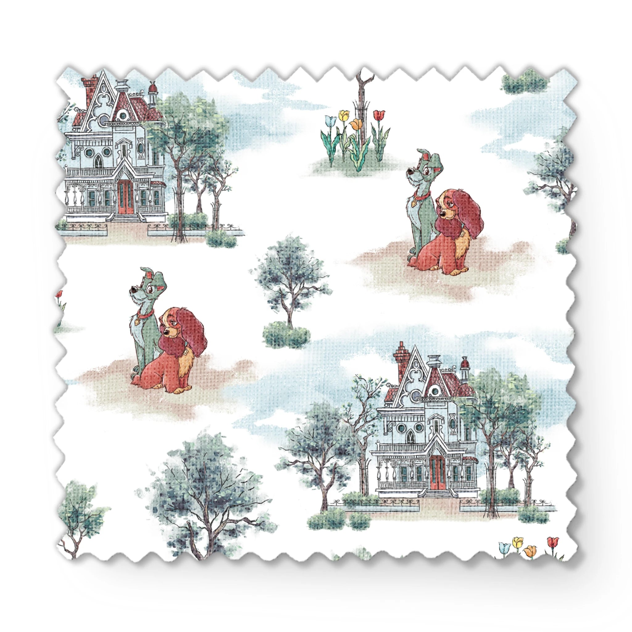 Repeating pattern with Victorian houses, small trees, and cartoon lions with red manes in a soft watercolor style fabric swatch mockup