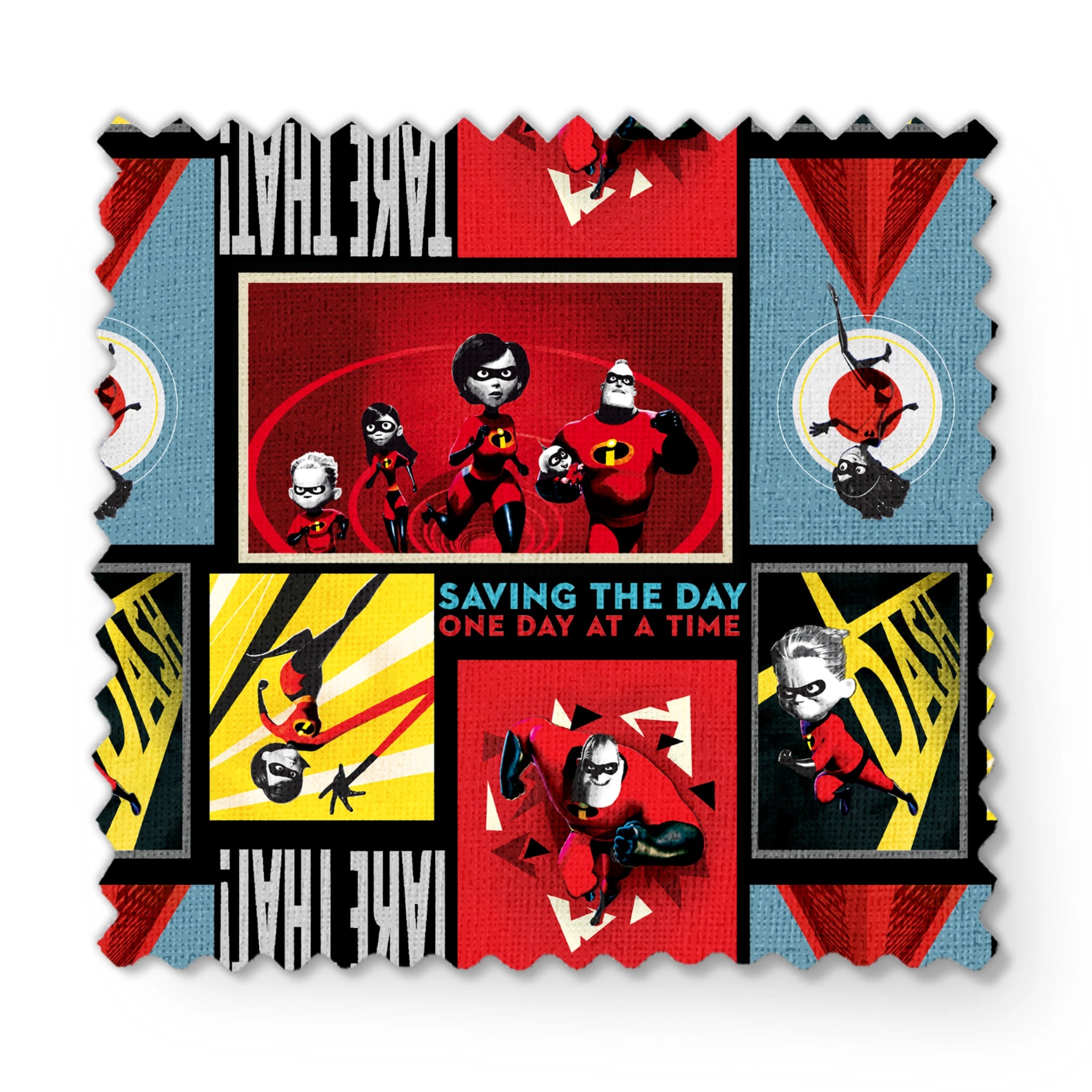 Incredibles superhero family comic style artwork with "Saving the Day One Day at a Time" text fabric swatch mockup
