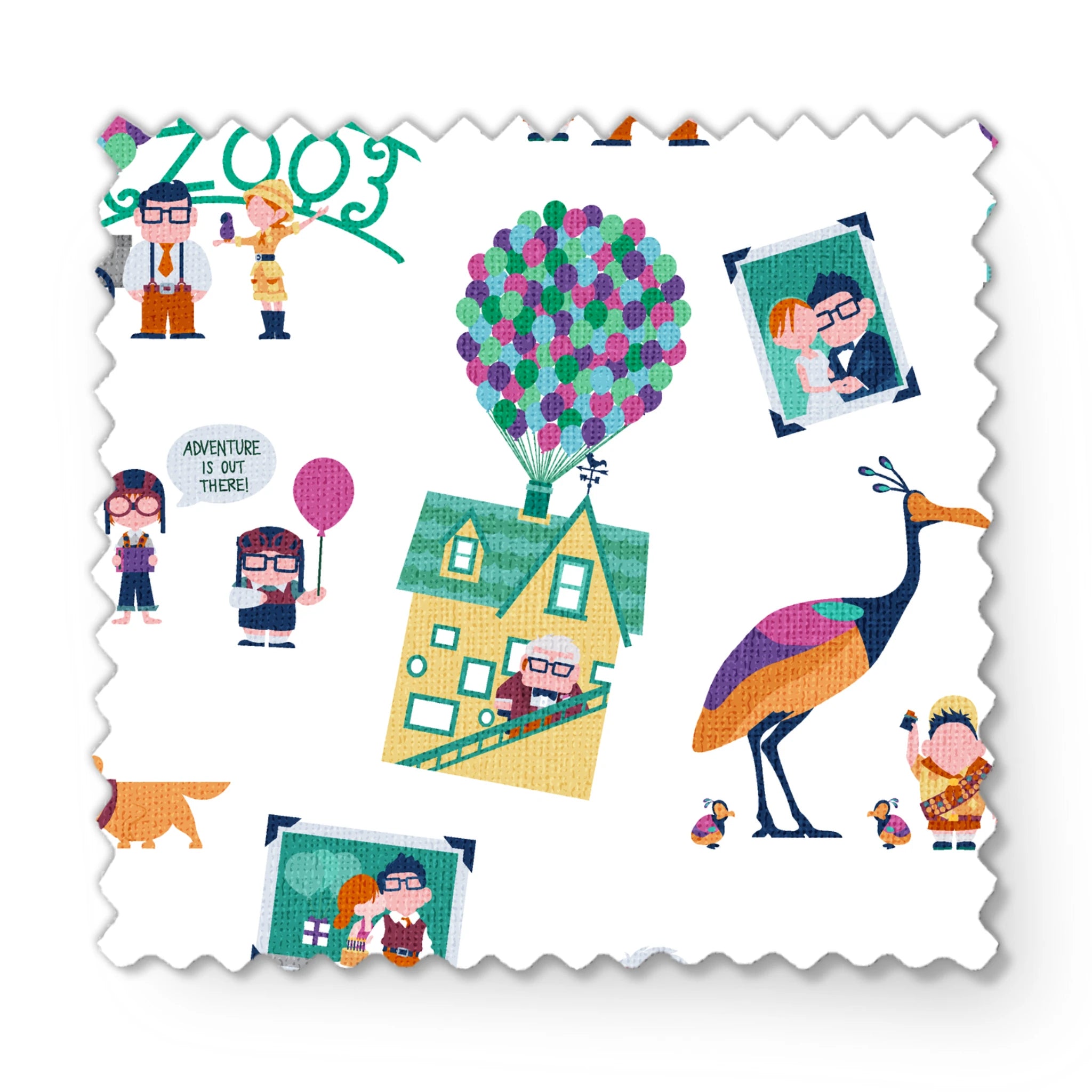 Colorful illustrated Up-inspired zoo pattern with cartoon characters, houses with balloons, peacocks, and family portraits on white background. fabric swatch mockup
