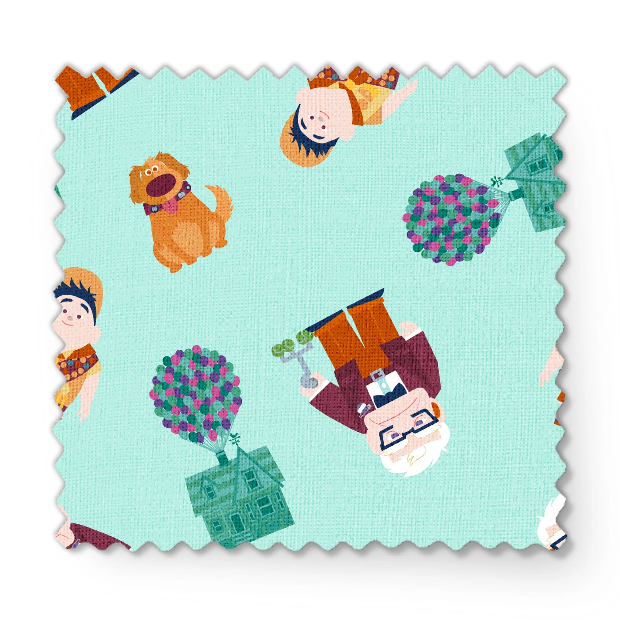 Cartoon pattern on mint background featuring characters from Pixar's "Up" with balloons, houses, and colorful elements fabric swatch mockup