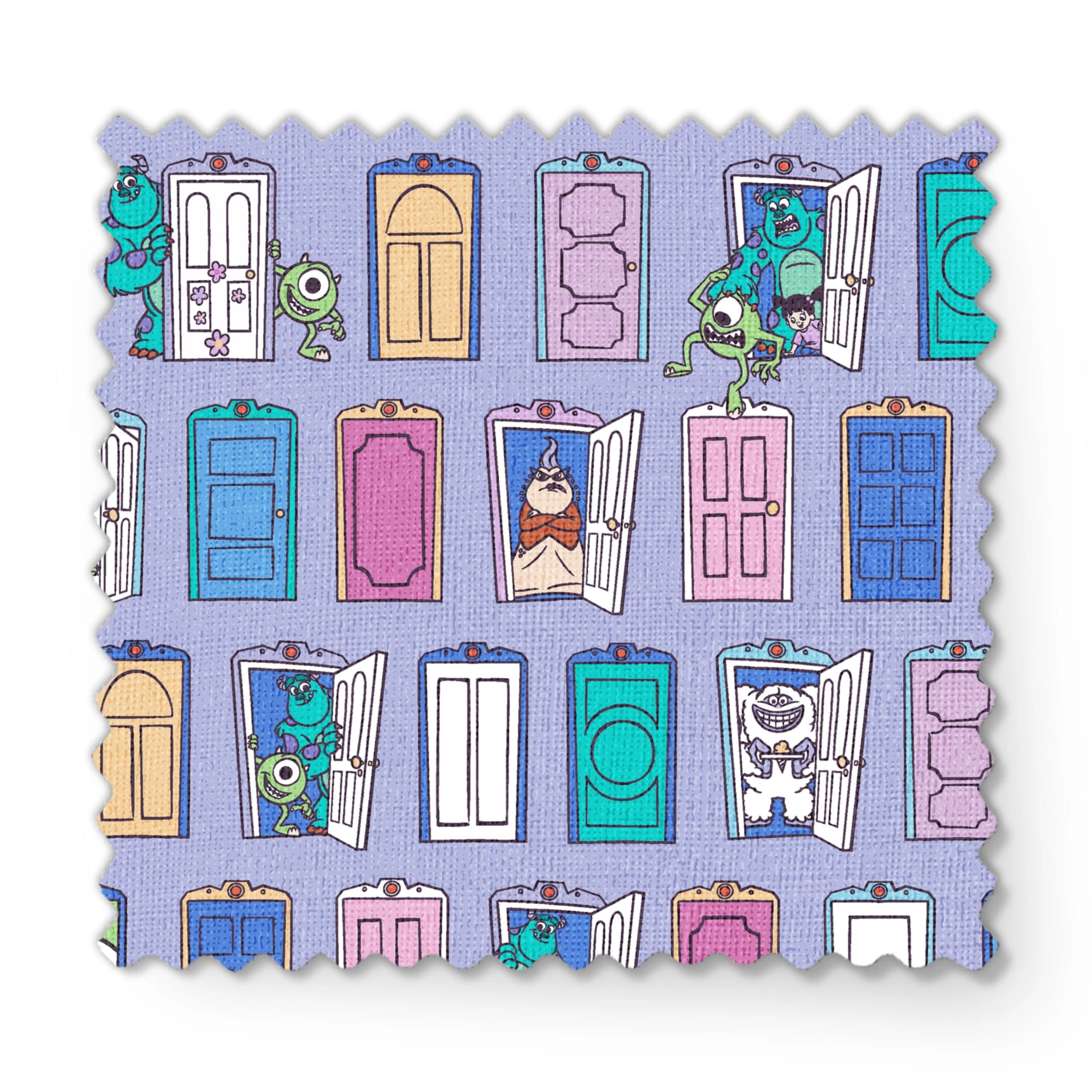 Colorful pattern of cartoon monster characters peeking through various doors in purple, blue, pink, and green on a lavender background. fabric swatch mockup