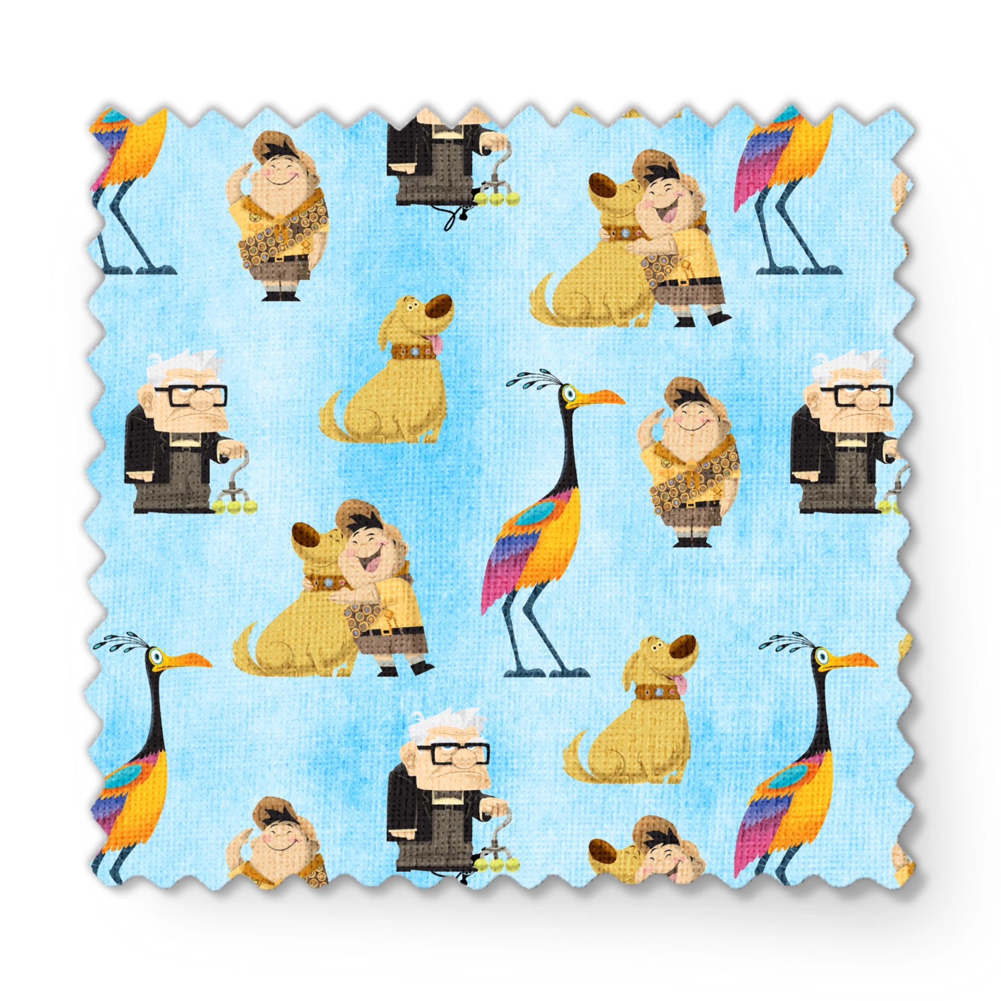 Colorful Up-inspired pattern with cartoon characters including elderly man, explorer, golden dog, and tropical bird on light blue background fabric swatch mockup