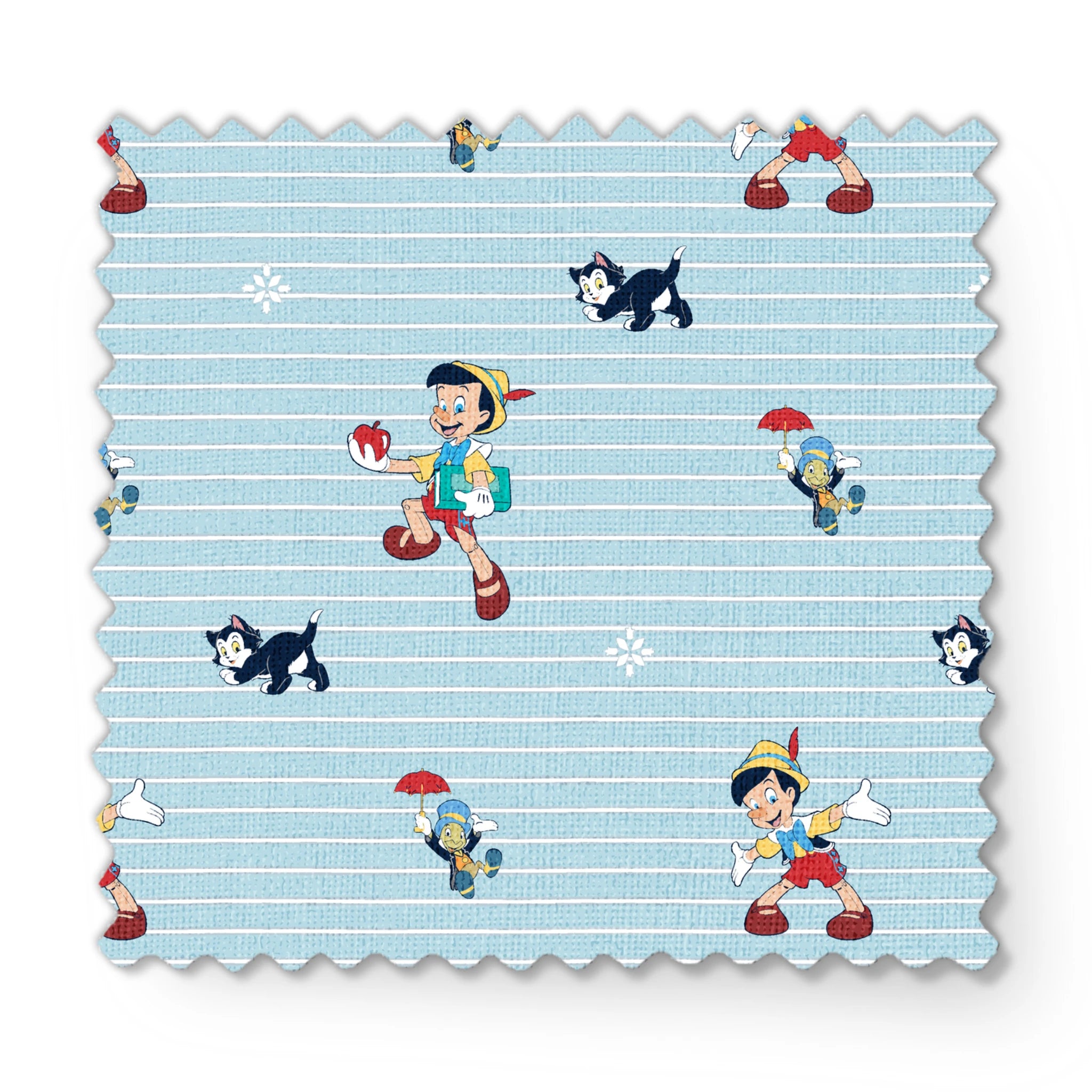 Cartoon pattern with boy character holding apple, black kittens, snowflakes on light blue striped background fabric swatch mockup
