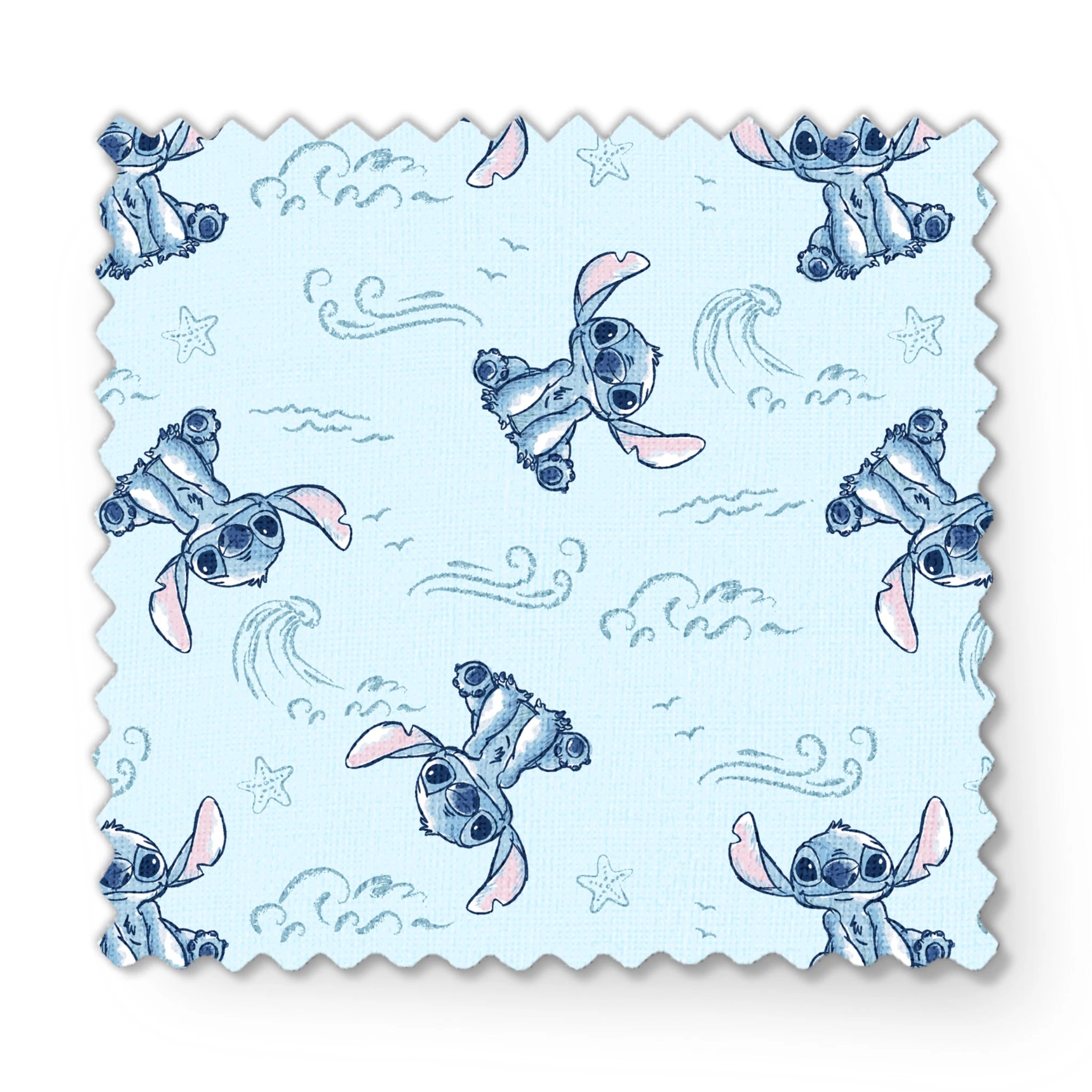 Blue cartoon alien characters with large ears in playful poses against light blue background with swirls and stars pattern fabric swatch mockup