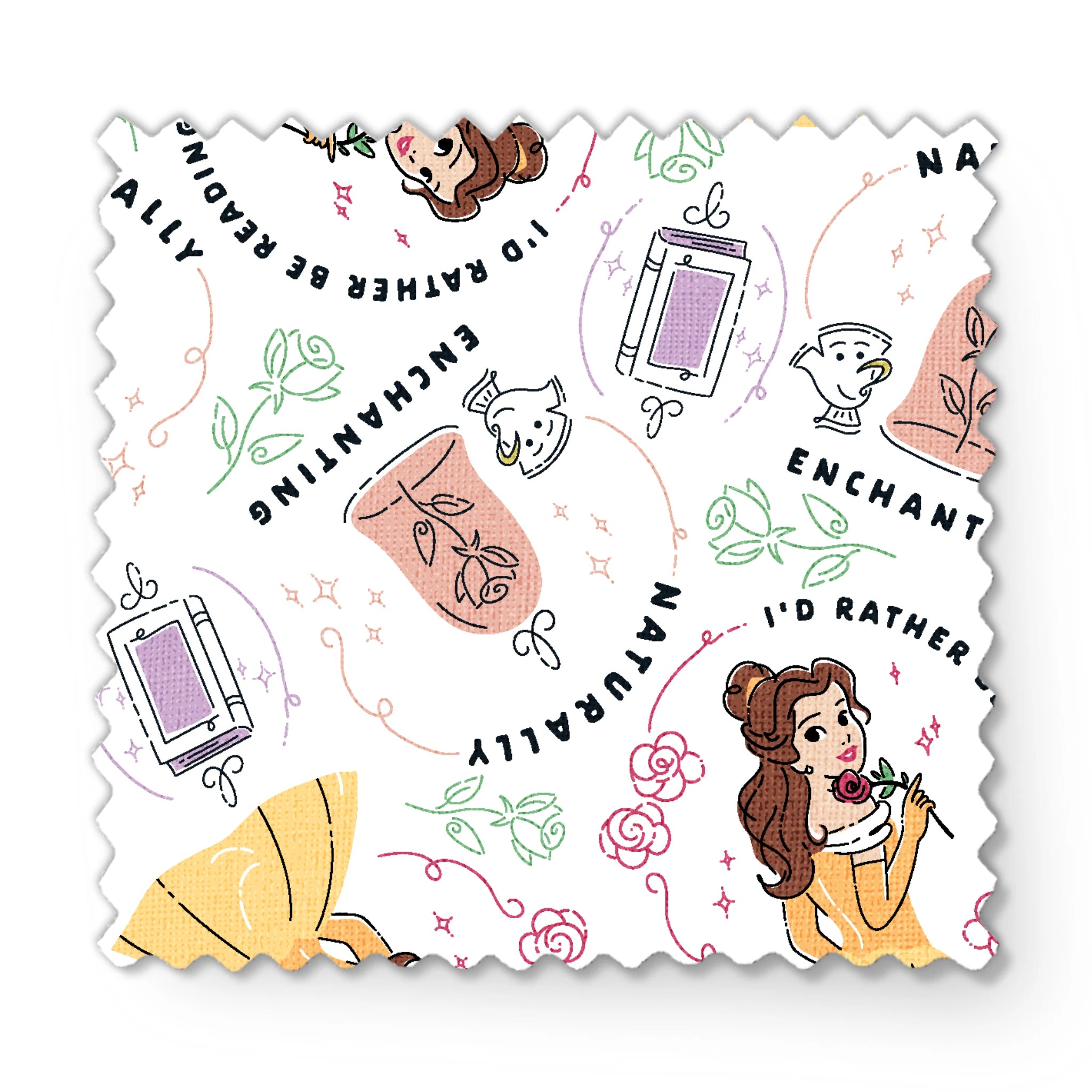 Pattern of cartoon princess in yellow dress with roses, perfume bottles, and phrases like "Enchanting" and "I'd rather be dreaming fabric swatch mockup