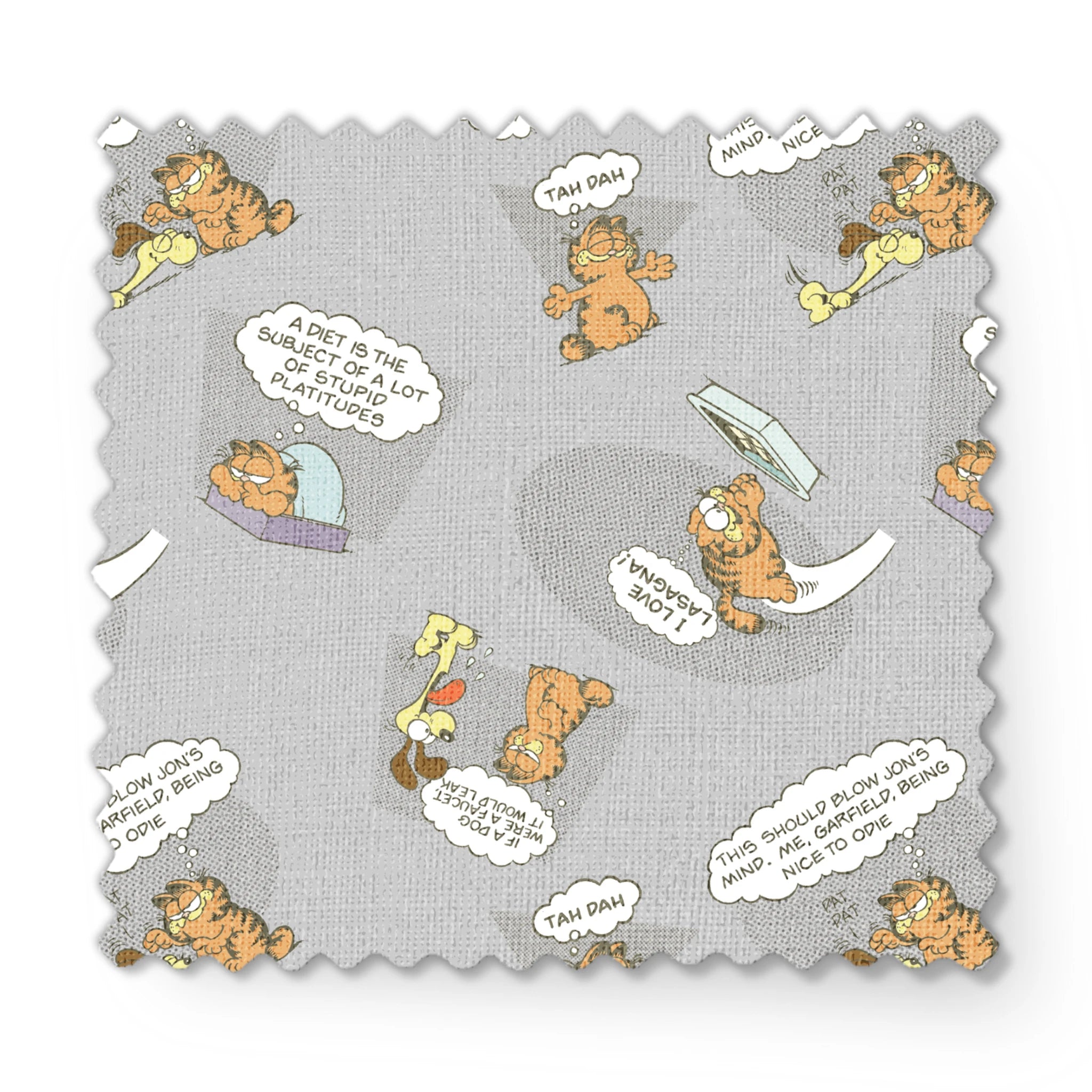Cartoon Garfield pattern with various poses of the orange cat and speech bubbles on gray background fabric swatch mockup