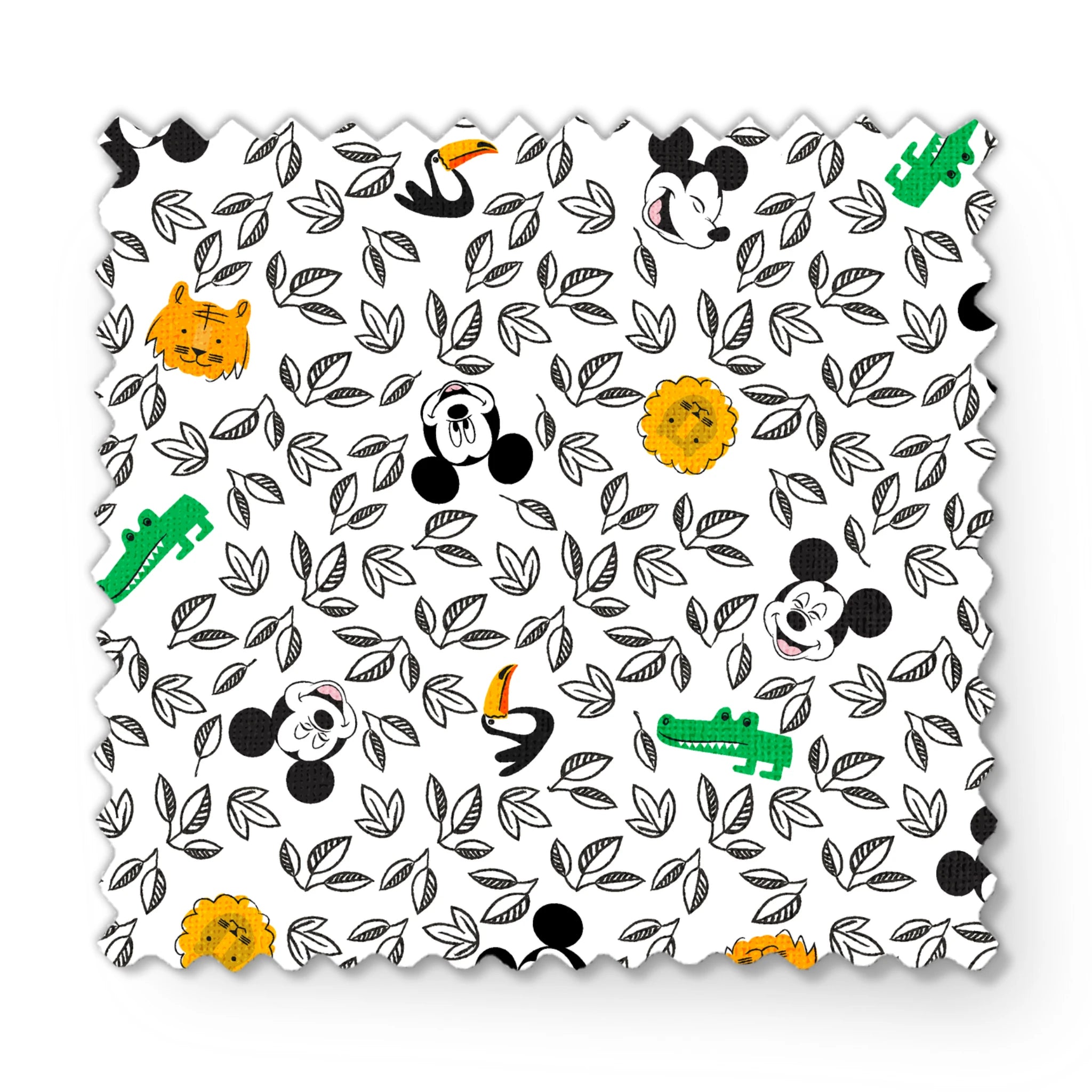 Pattern of cartoon Mickey Mouse silhouettes with yellow honeycomb, green bamboo, and black and white leaves fabric swatch mockup