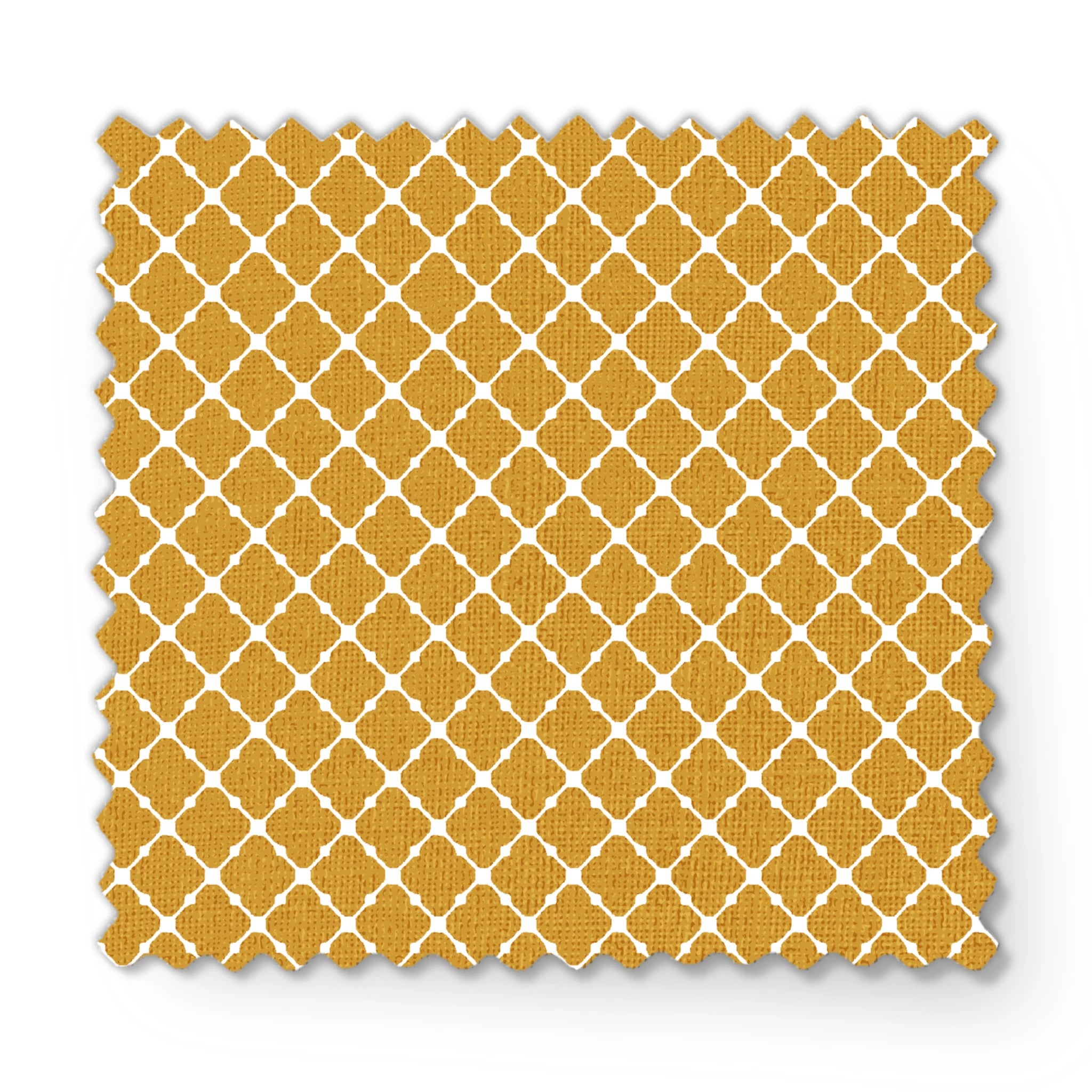 Gold quatrefoil pattern on white background, forming a geometric Moroccan-style lattice design fabric swatch mockup