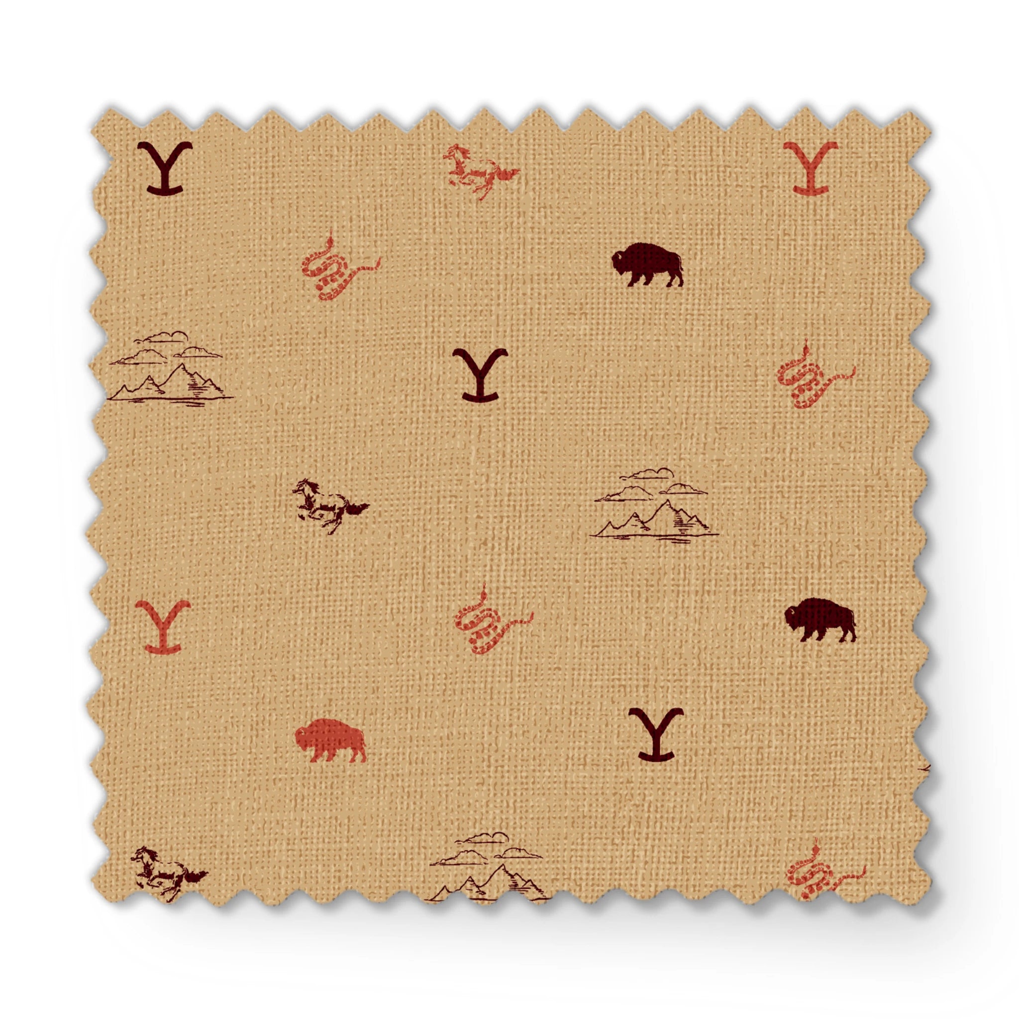 Yellowstone ranch icons with “Y” brand, bison, horses, mountains, and snakes in a Western-inspired design. fabric swatch mockup