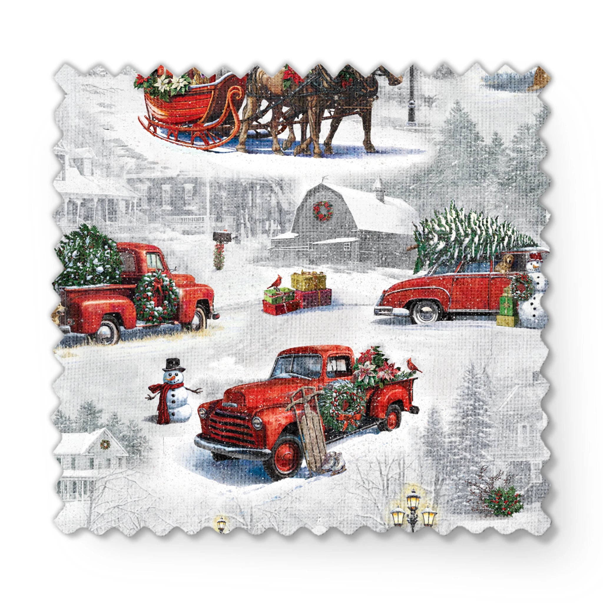 Christmas pattern with vintage red trucks, horse-drawn sleighs, and pine trees in snowy winter landscape fabric swatch mockup