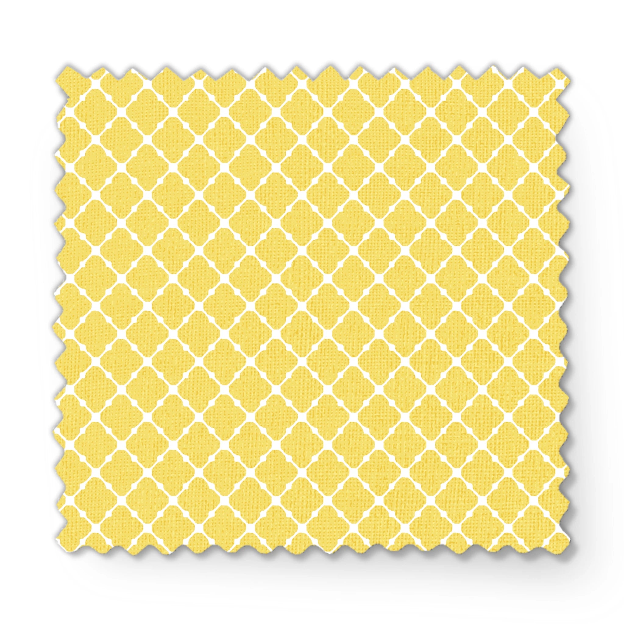 Yellow quatrefoil pattern on white background with Moroccan tile inspired design fabric swatch mockup