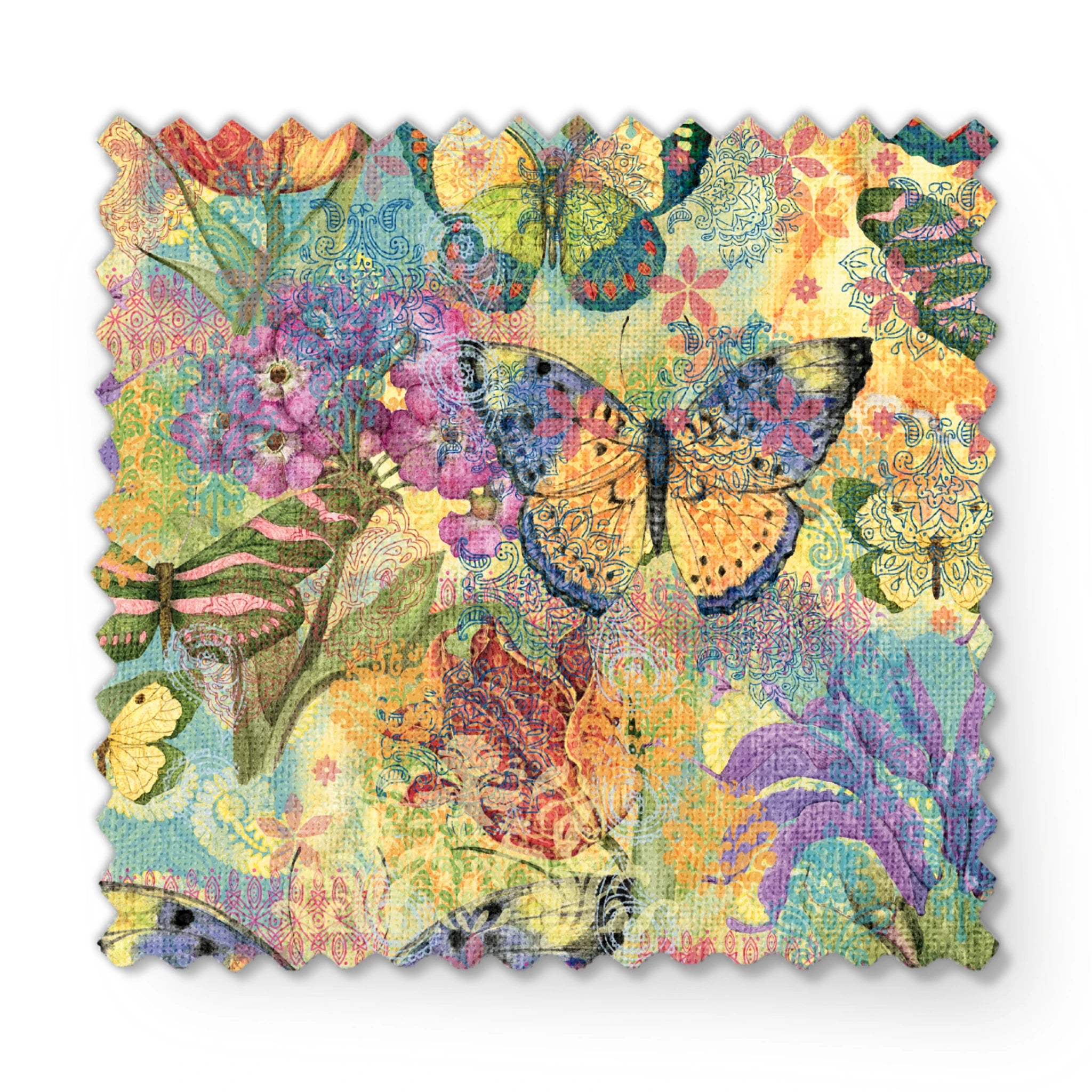 Colorful pattern of butterflies and flowers in vibrant yellows, purples, and reds with watercolor texture fabric swatch mockup