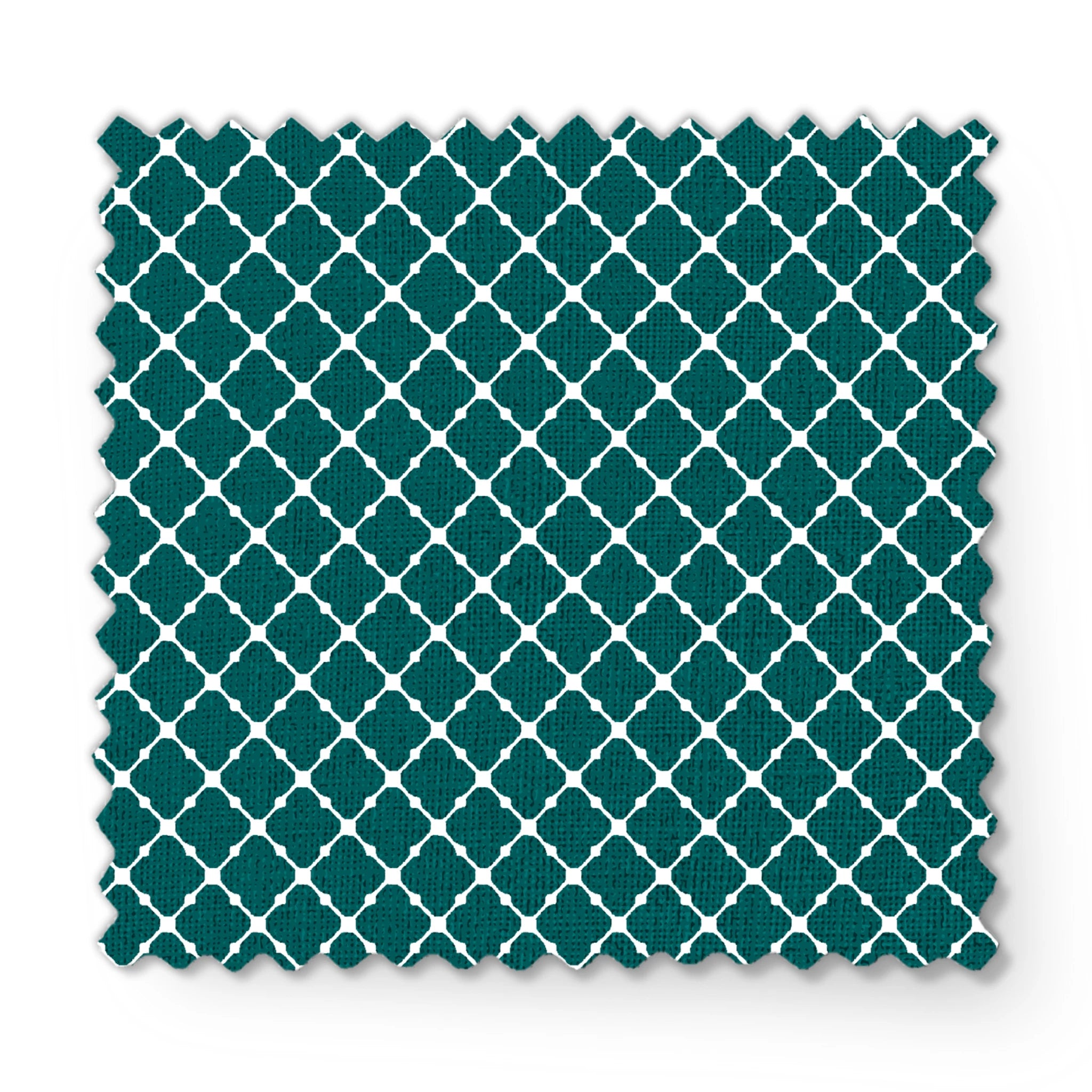 Dark teal quatrefoil pattern with white lattice outlines on a geometric background fabric swatch mockup
