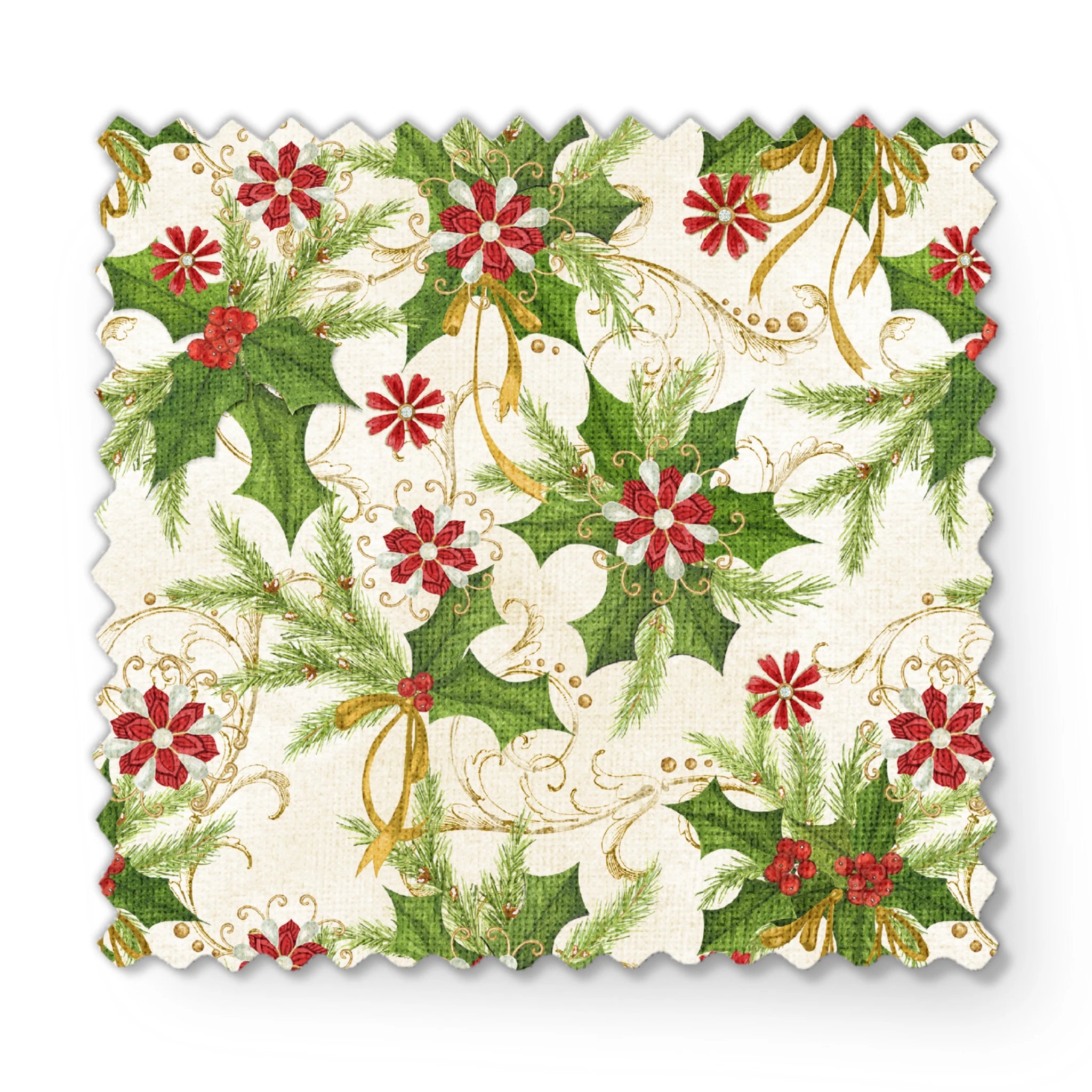 Festive pattern featuring holly leaves, pine branches, red floral medallions, and golden swirls on an ivory background by Nicole Tamarin. fabric swatch mockup