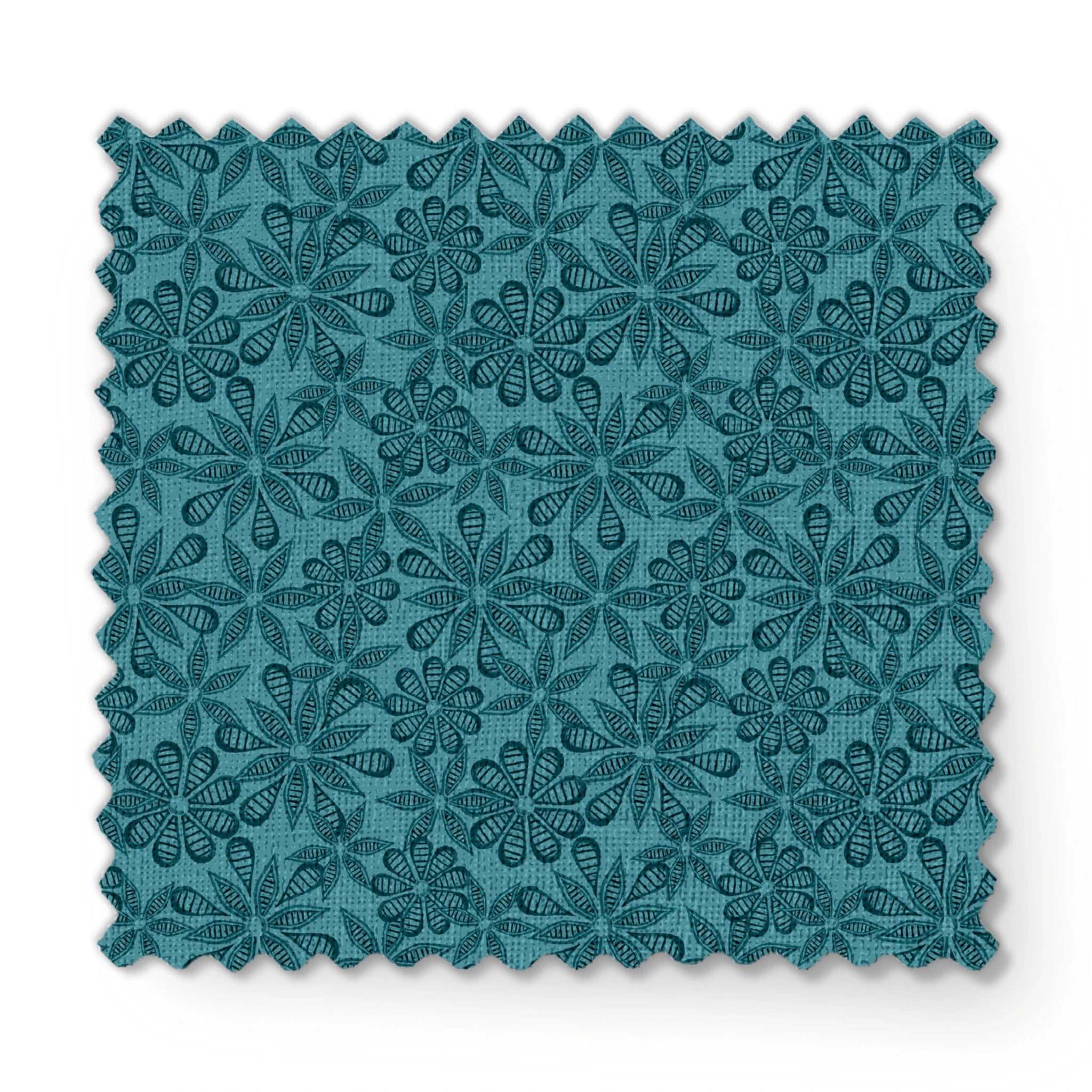 Outlined floral pattern in dark teal on a lighter teal background by Nicole Tamarin. fabric swatch mockup