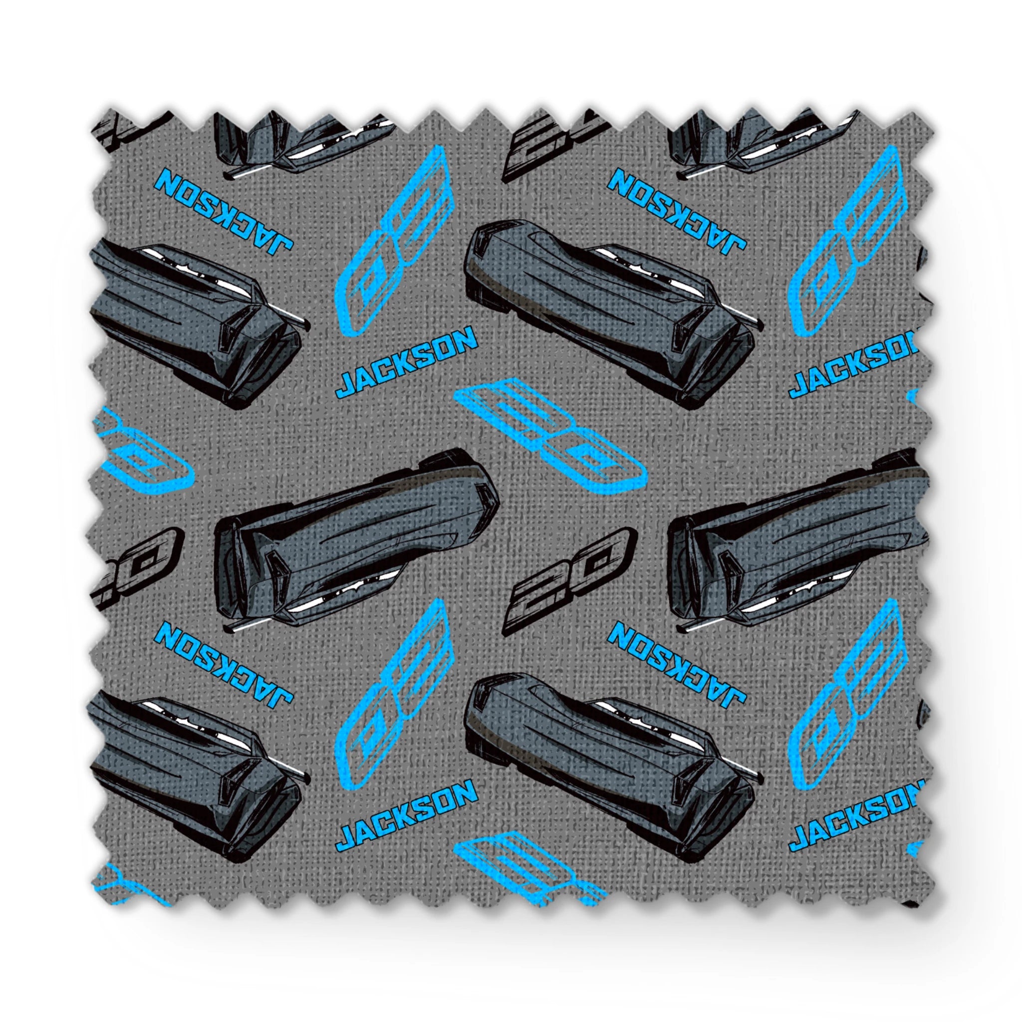 Dark gray background with scattered black car parts and blue "JACKSON" text and stylized logos in a repeating pattern fabric swatch mockup