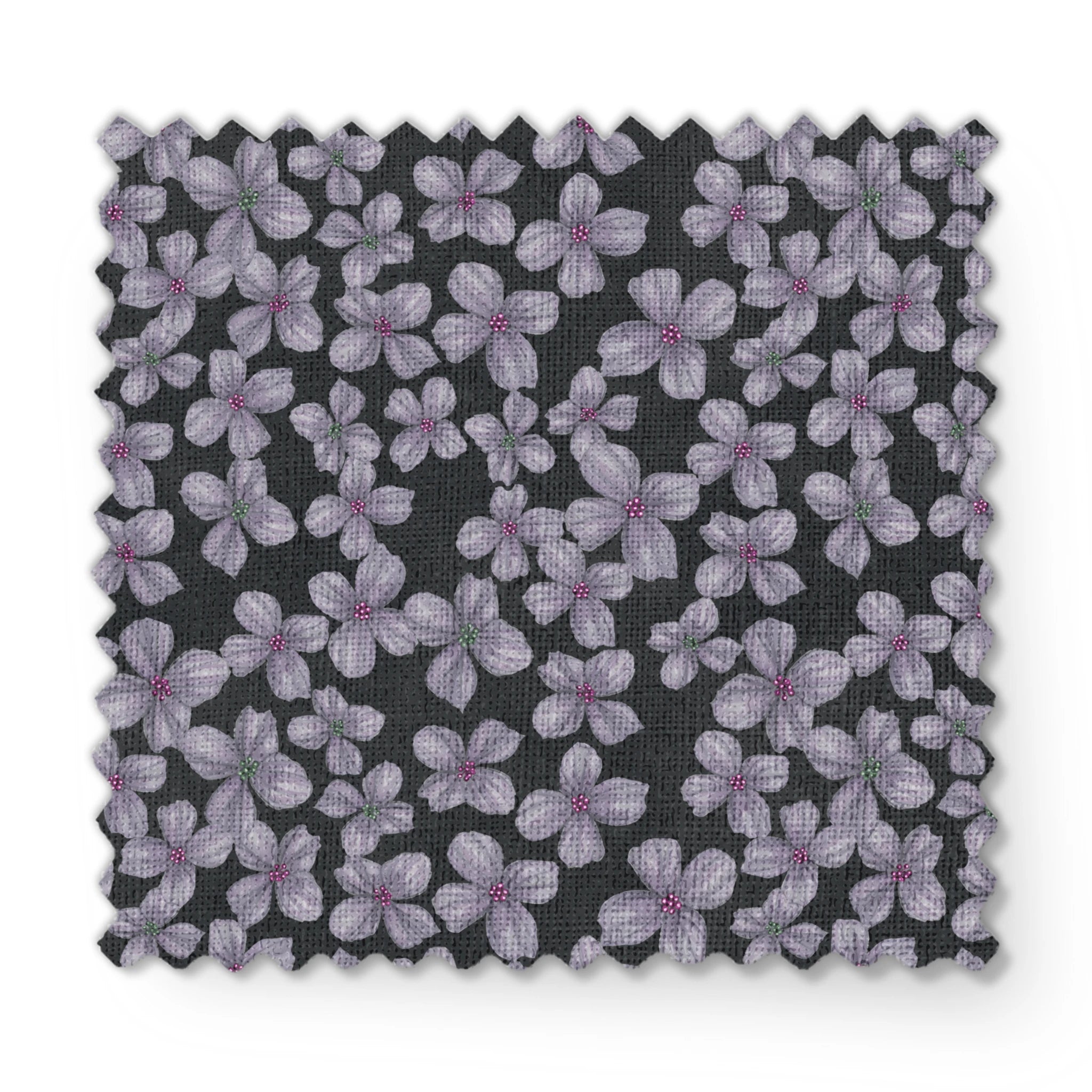 Hand-drawn purple flowers scattered on a charcoal background, designed by Nicole Tamarin. fabric swatch mockup