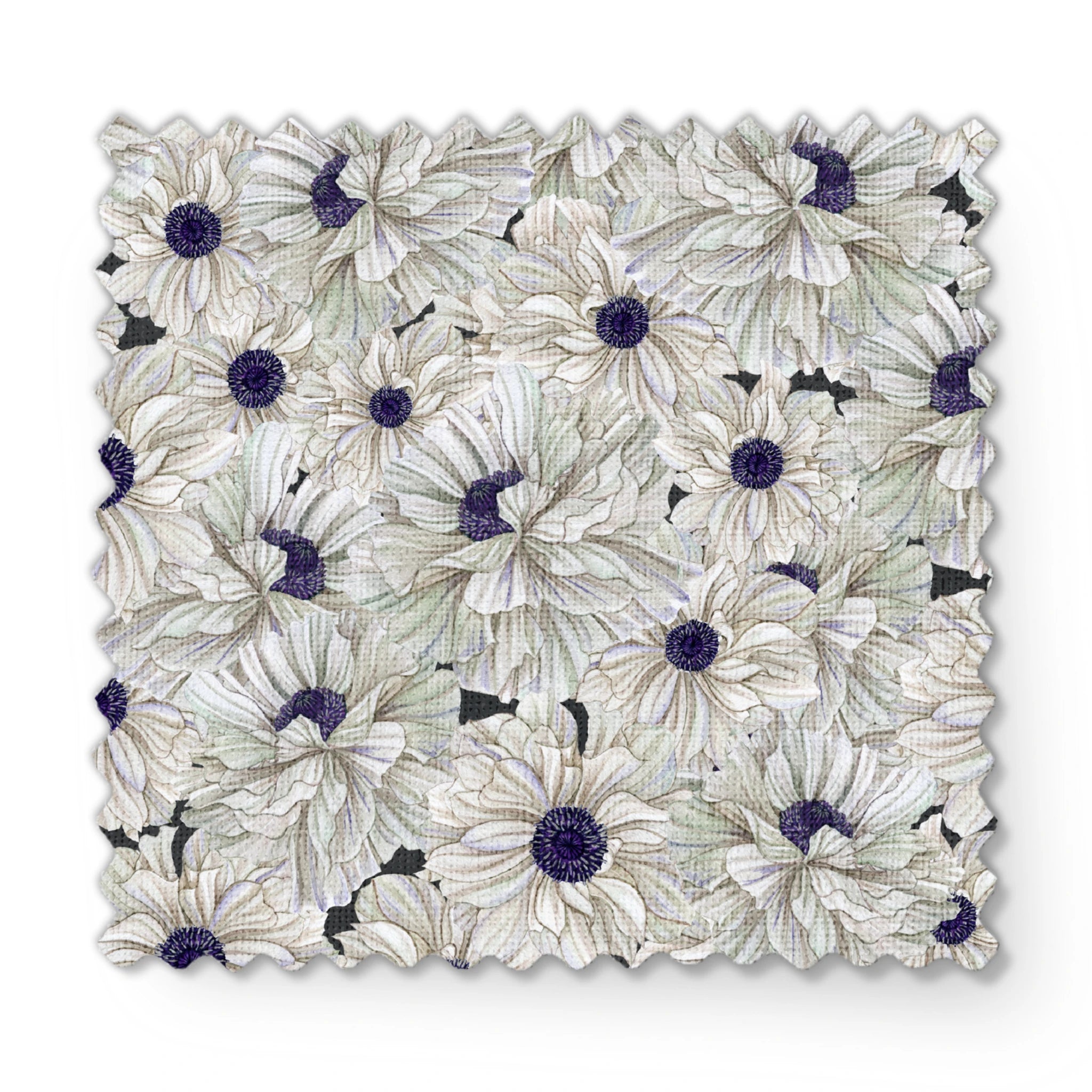 Ivory and indigo packed floral pattern with detailed petal textures and clustered blooms. fabric swatch mockup