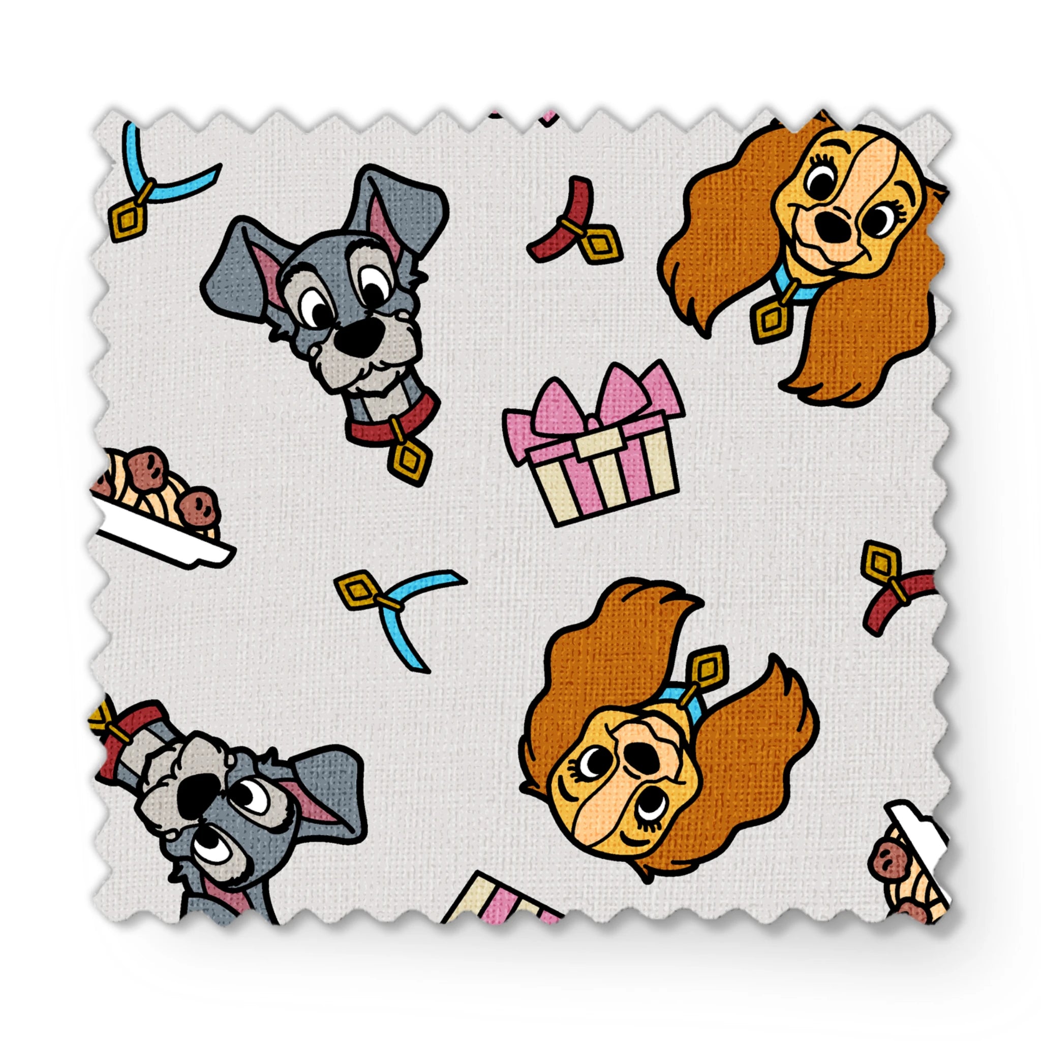 Cartoon pattern featuring Lady and Tramp dogs, gift boxes, bones, and ribbons on light gray background fabric swatch mockup
