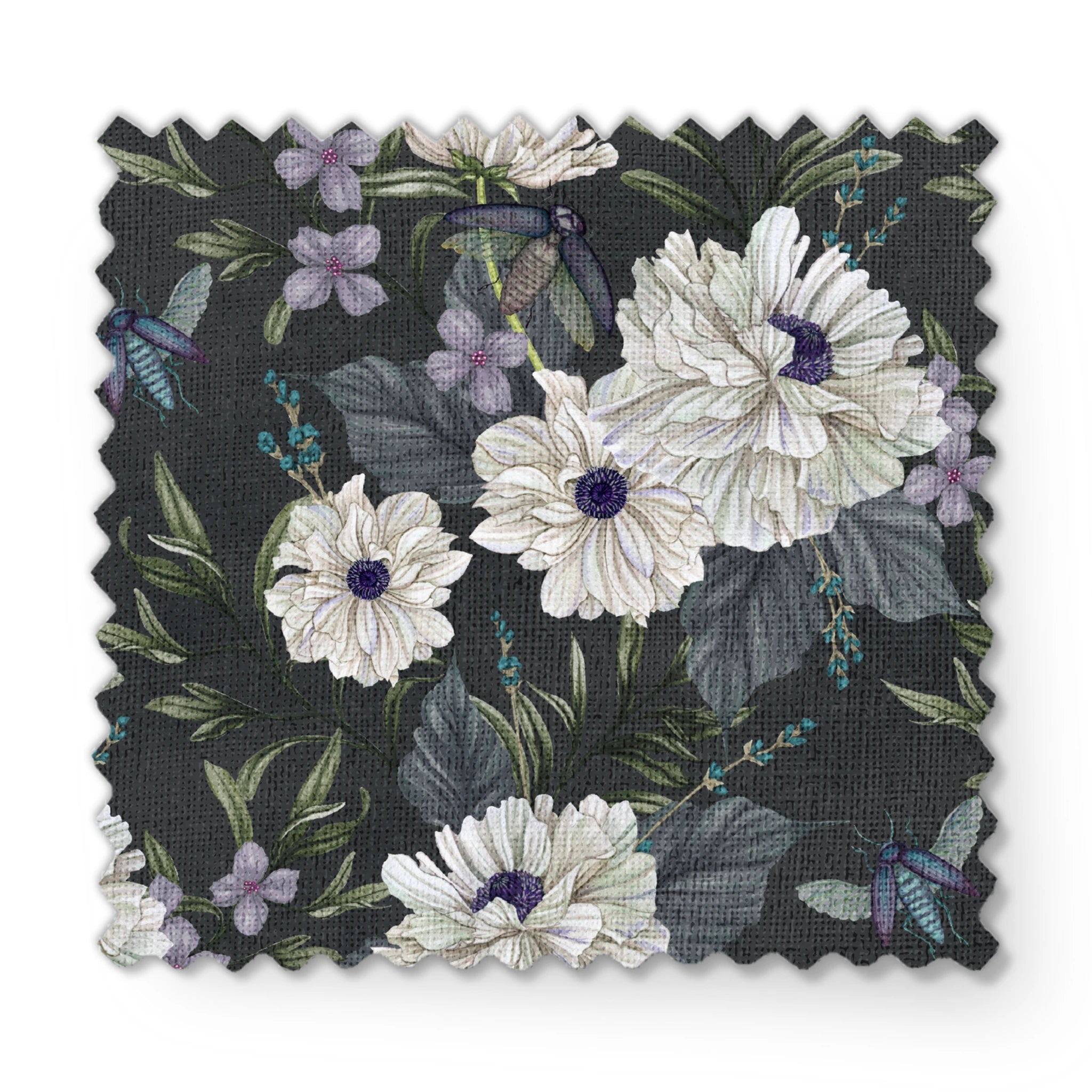 Ivory flowers with purple centers, beetles, and greenery illustrated on a dark charcoal background in a floral pattern by Nicole Tamarin. fabric swatch mockup