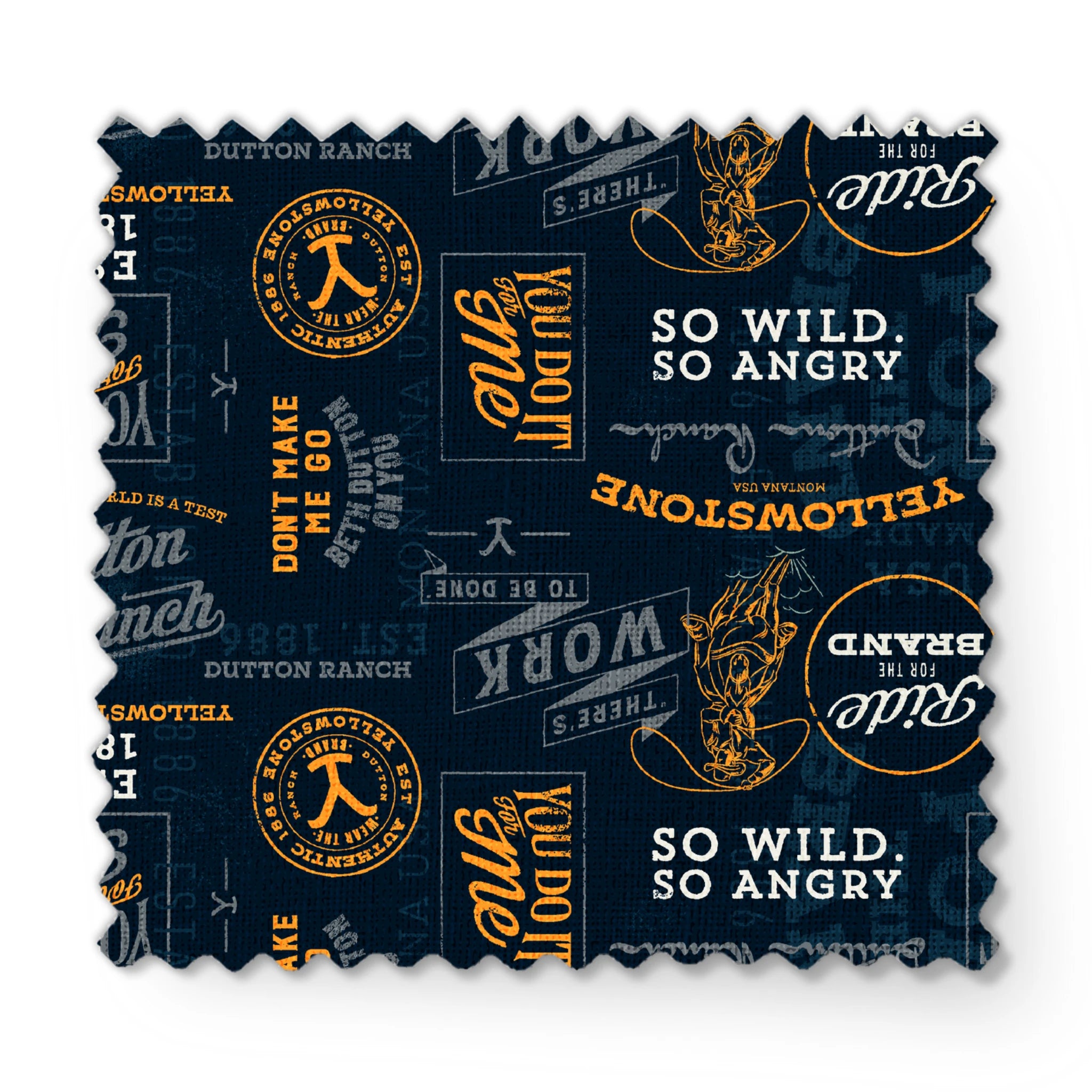 Yellowstone patch design with distressed western typography and quotes in gold and ivory on a black background. fabric swatch mockup