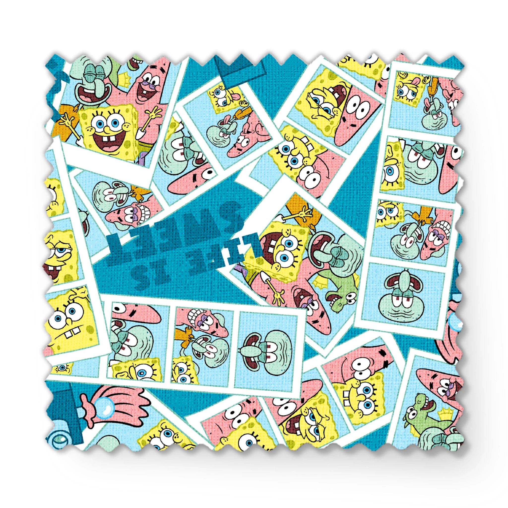 Photobooth-style SpongeBob SquarePants design featuring cartoon snapshots of SpongeBob, Patrick, and Squidward with “Life is Sweet” text on a blue background. fabric swatch mockup