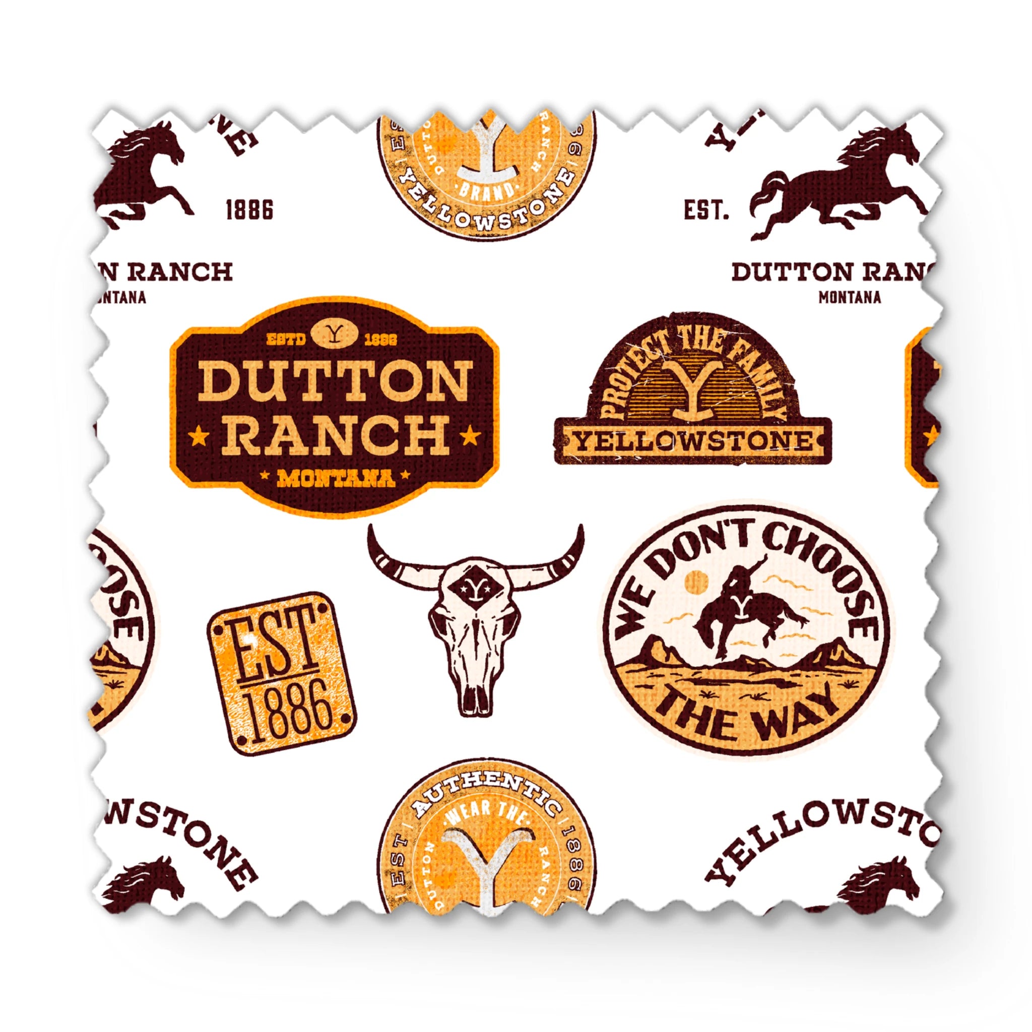 Western patch-style design featuring Dutton Ranch and Yellowstone badges in rustic tones. Great for quilting, crafts, and cowboy-inspired decor. fabric swatch mockup