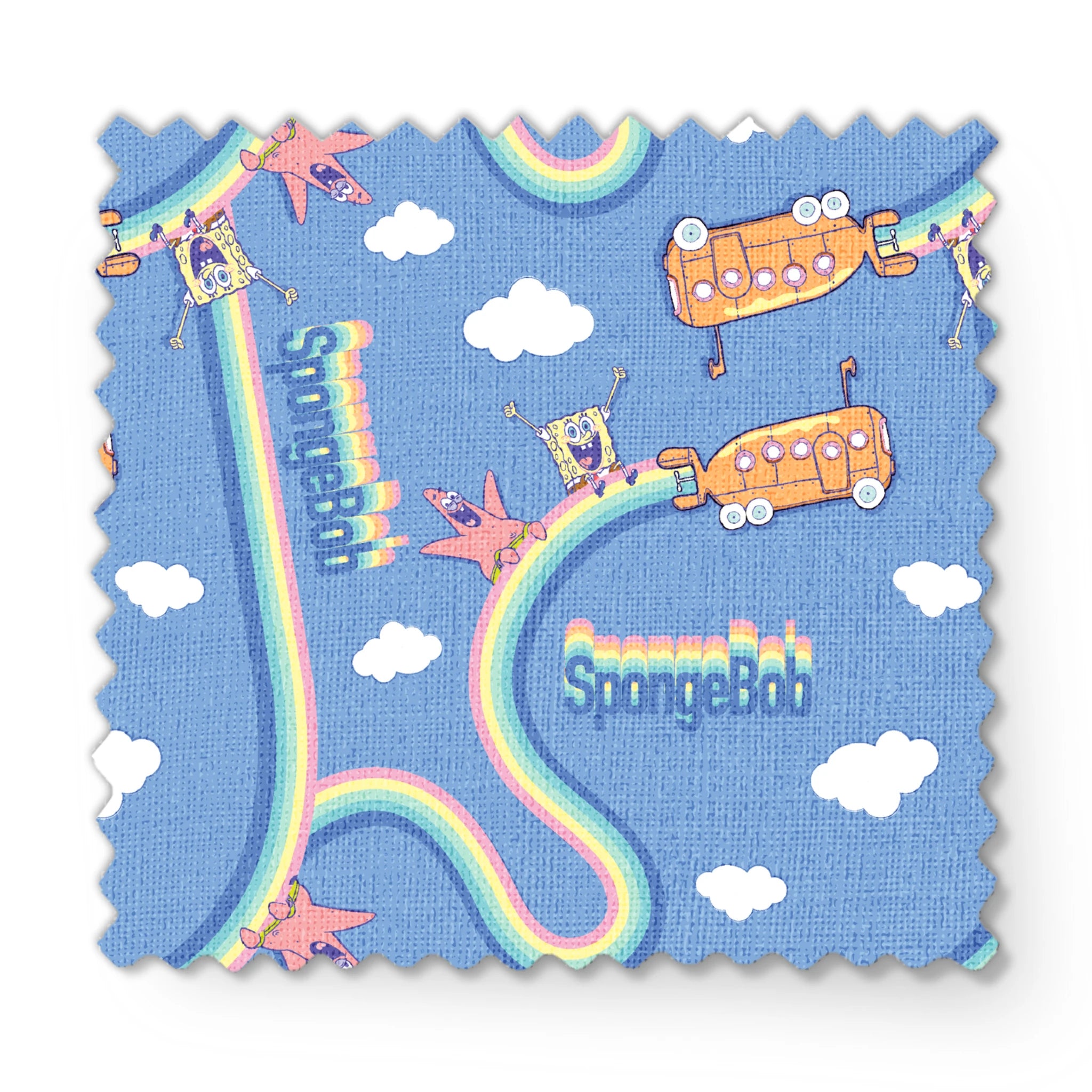 SpongeBob pattern with cartoon characters, buses, rainbows and clouds on light blue background fabric swatch mockup