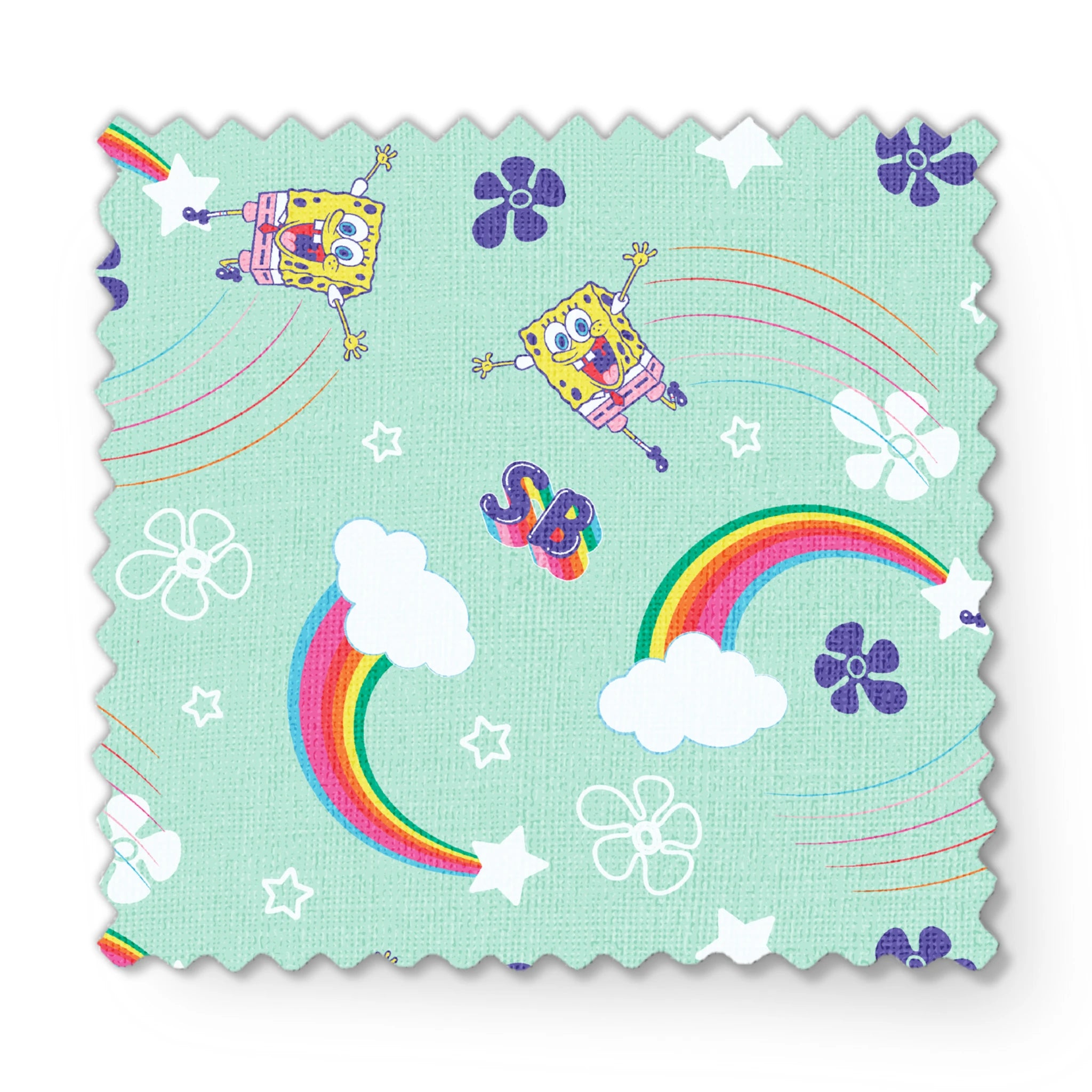 SpongeBob flying over rainbows with clouds, stars, and floral icons on a mint green background in a cheerful cartoon-style Nickelodeon design fabric swatch mockup