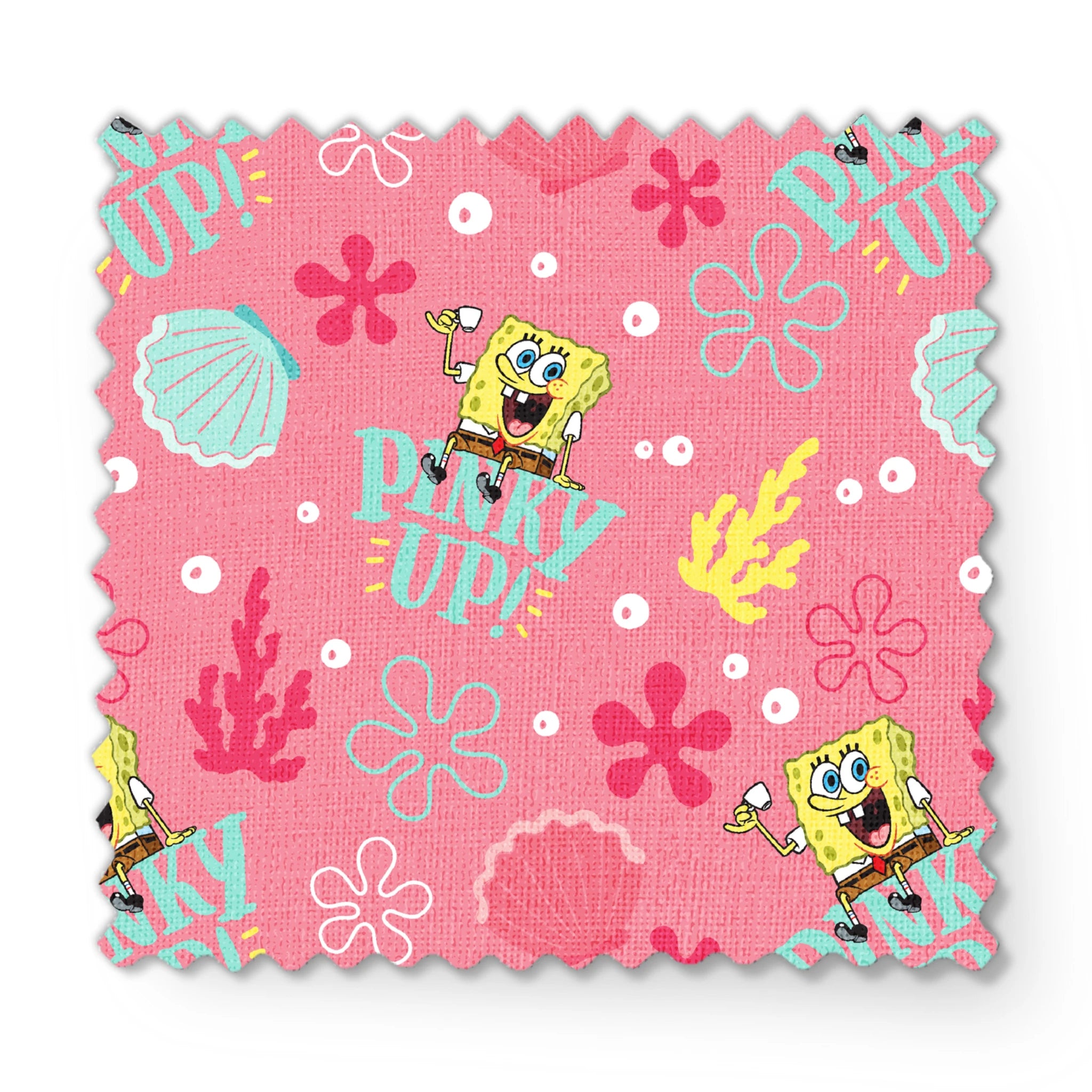 SpongeBob holding a teacup with “Pinky Up!” text, surrounded by sea shells, coral, and flower shapes on a pink background. fabric swatch mockup